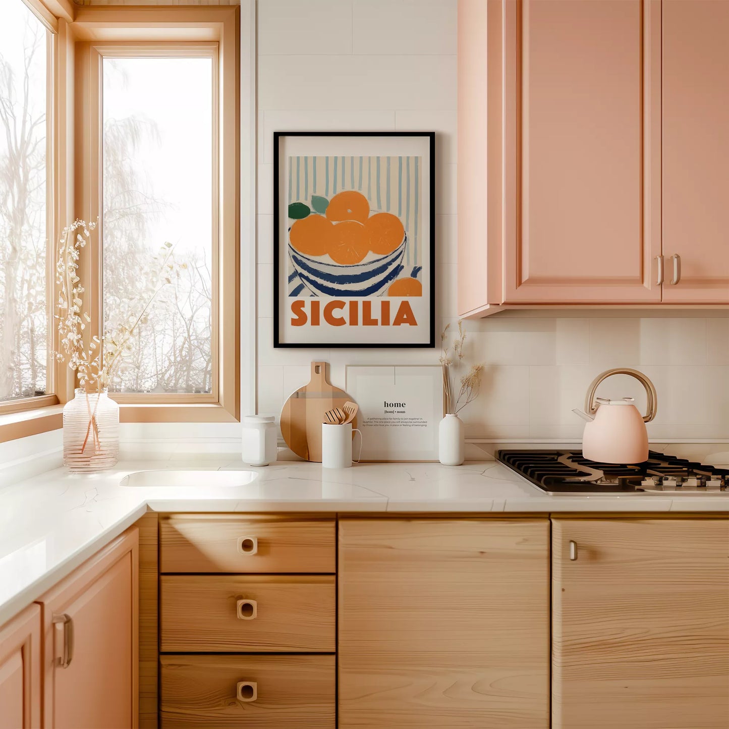 シチリアオレンジのレトロなアートポスター、青いボウルと縞模様の背景