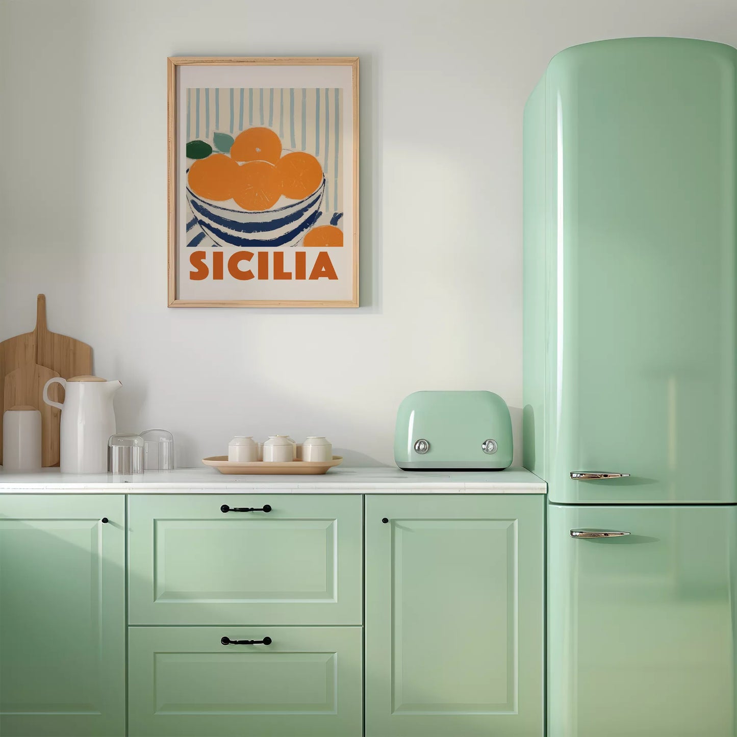 シチリアオレンジのレトロなアートポスター、青いボウルと縞模様の背景