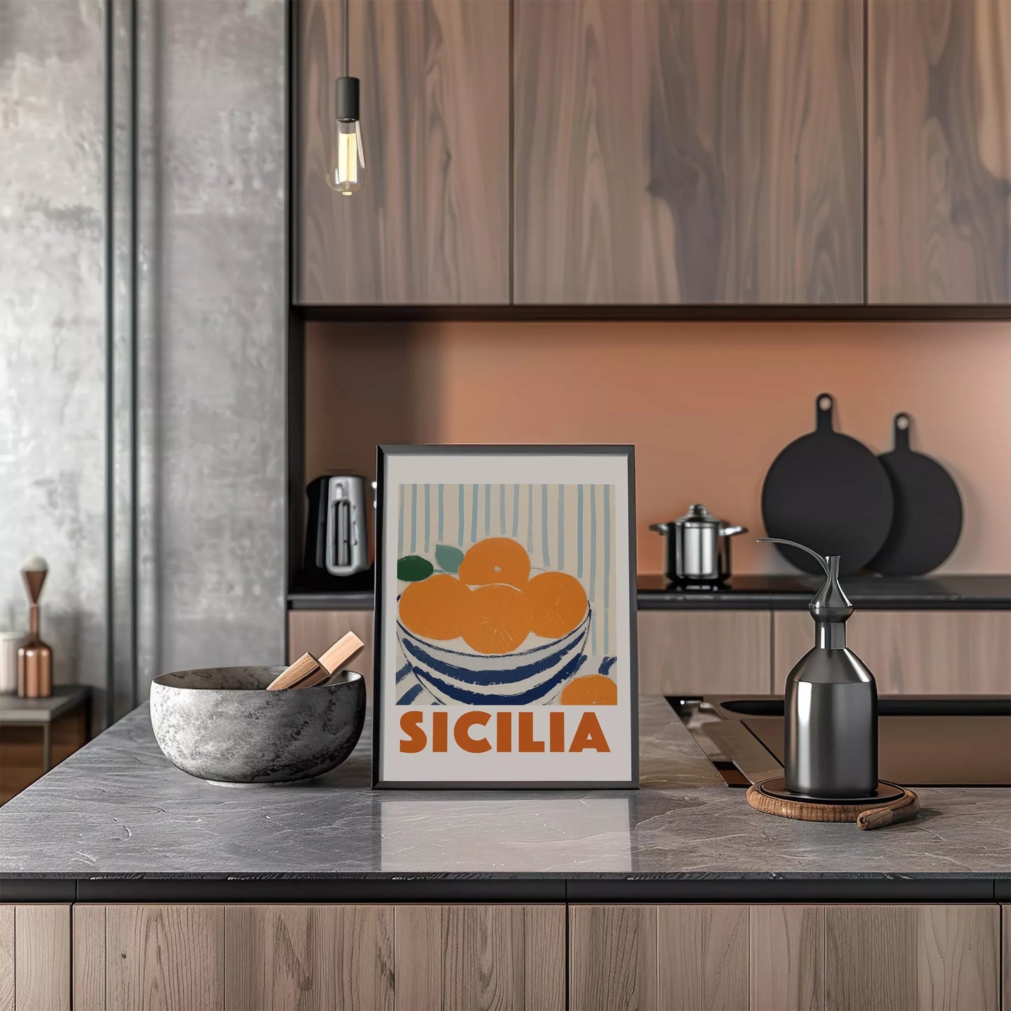 シチリアオレンジのレトロなアートポスター、青いボウルと縞模様の背景
