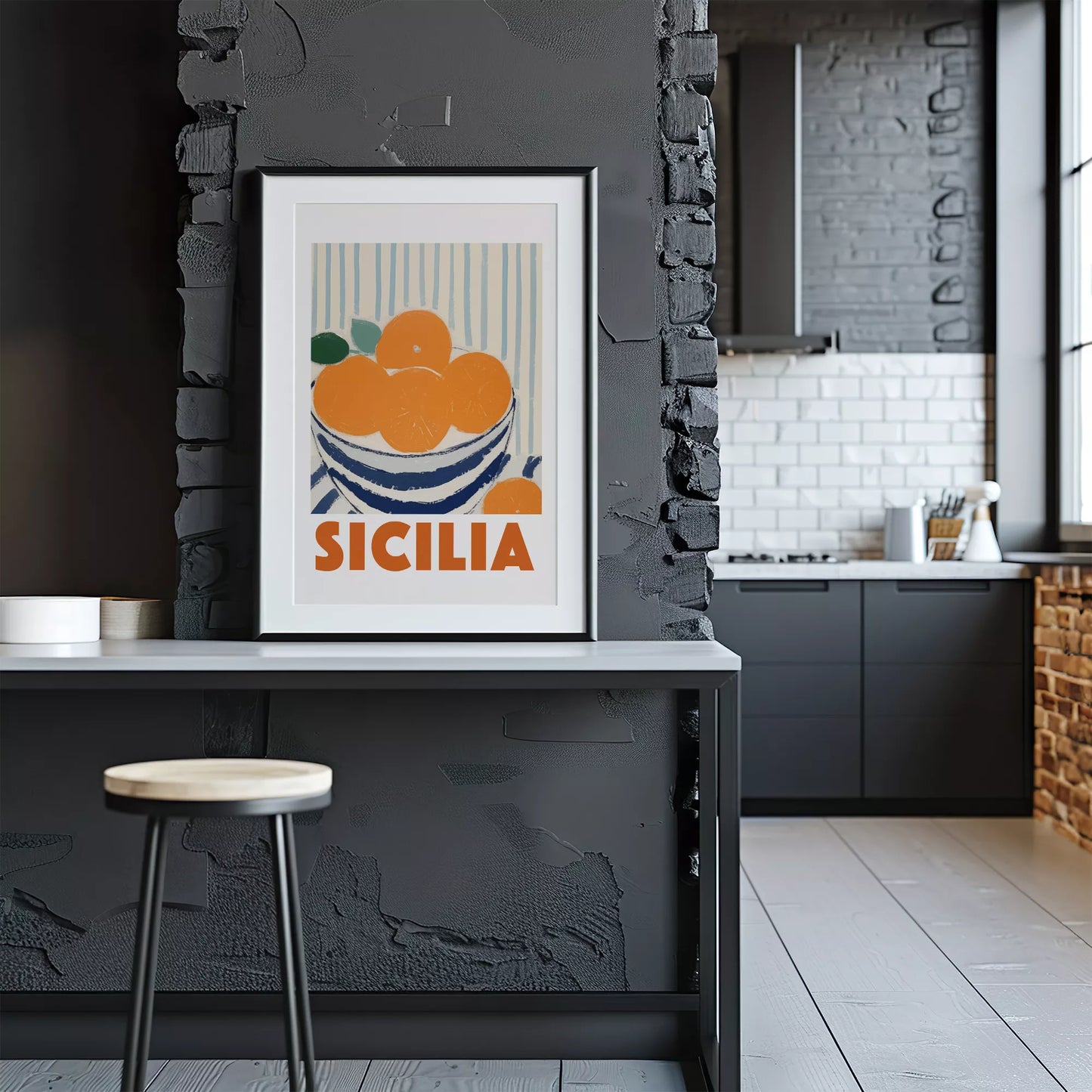 シチリアオレンジのレトロなアートポスター、青いボウルと縞模様の背景