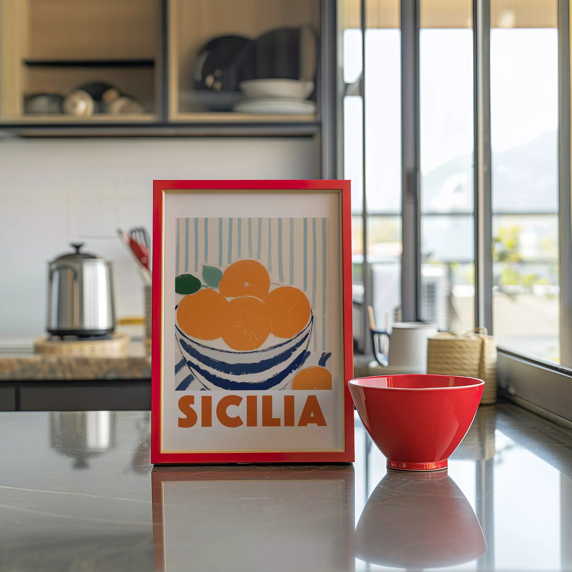 シチリアオレンジのレトロなアートポスター、青いボウルと縞模様の背景