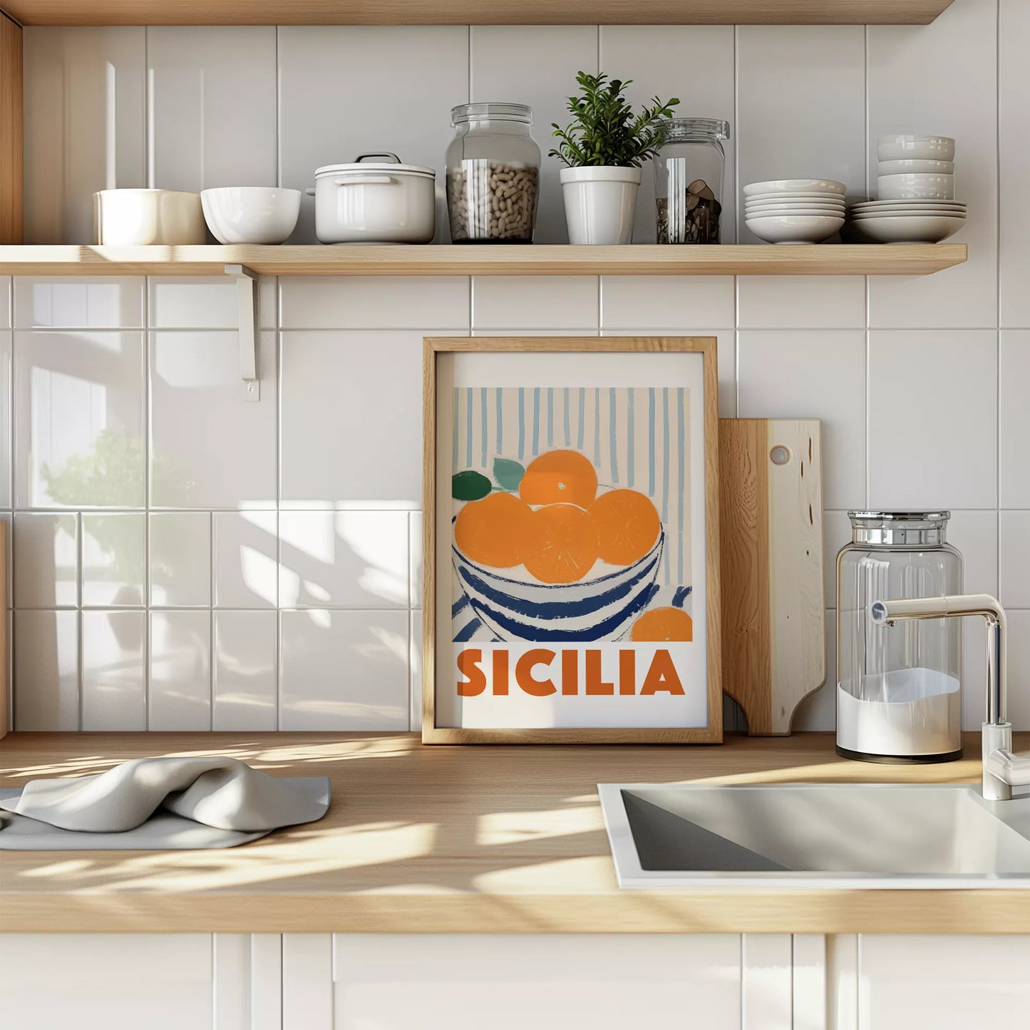 シチリアオレンジのレトロなアートポスター、青いボウルと縞模様の背景