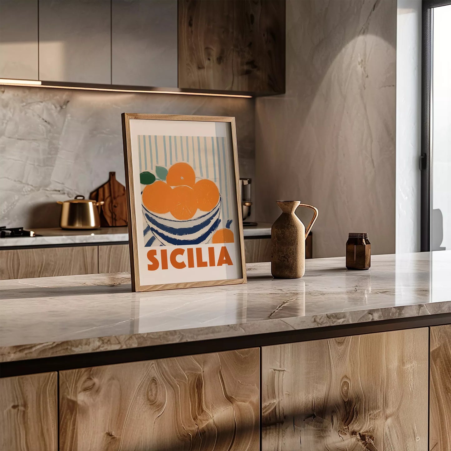 シチリアオレンジのレトロなアートポスター、青いボウルと縞模様の背景