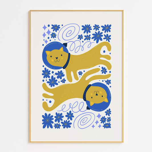 宇宙猫宇宙飛行士ボタニカルキッズポスター子供部屋壁装飾