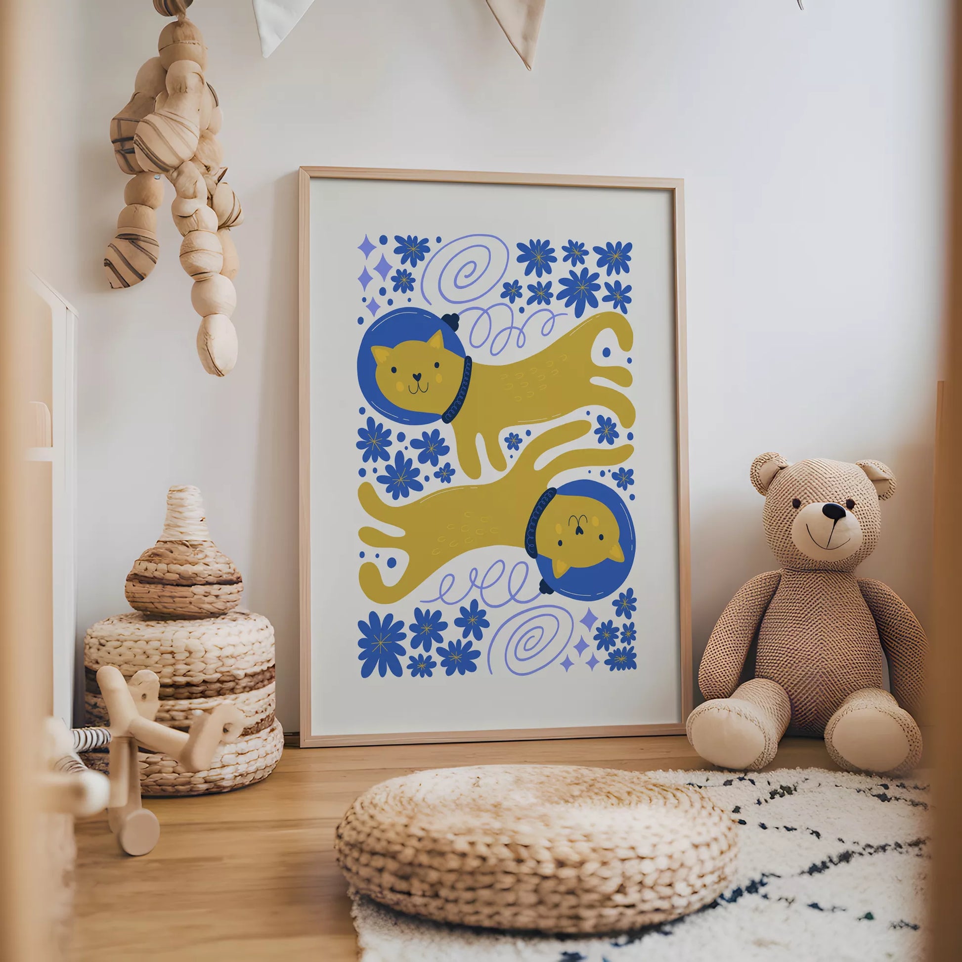 宇宙猫宇宙飛行士ボタニカルキッズポスター子供部屋壁装飾