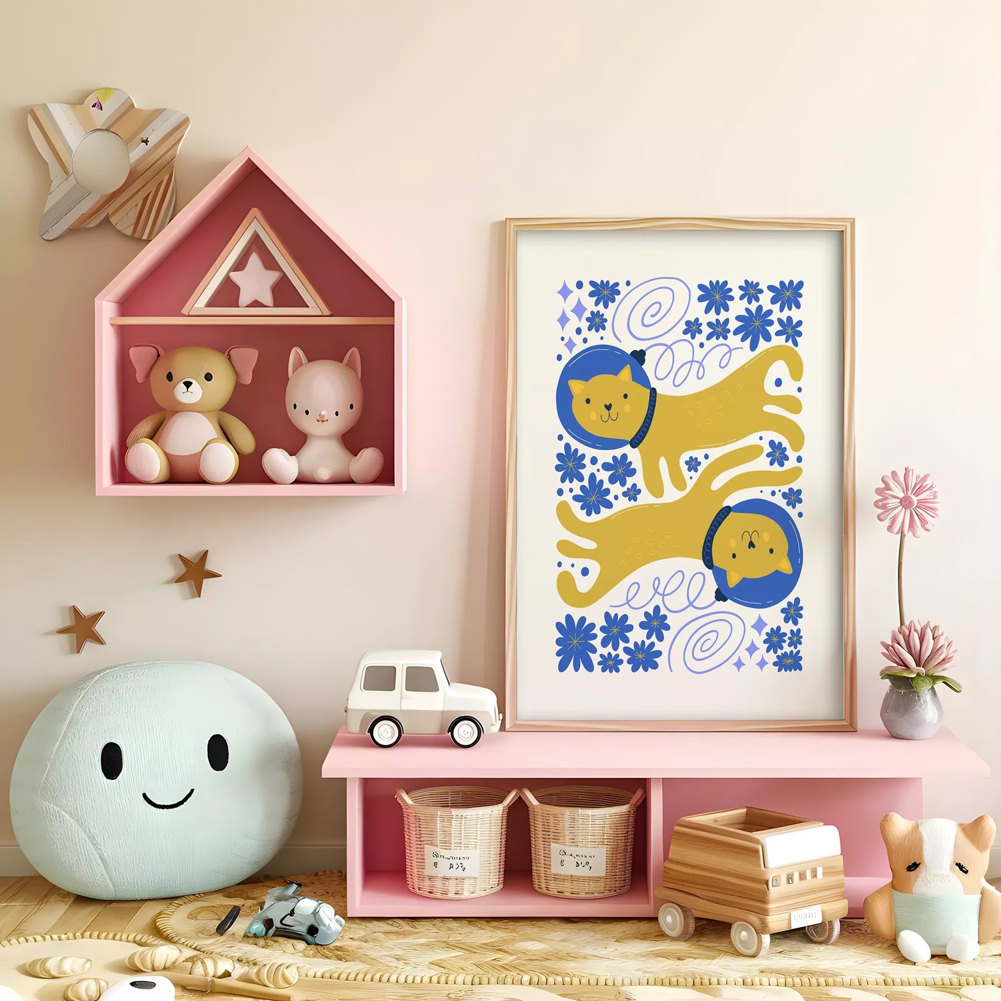 宇宙猫宇宙飛行士ボタニカルキッズポスター子供部屋壁装飾