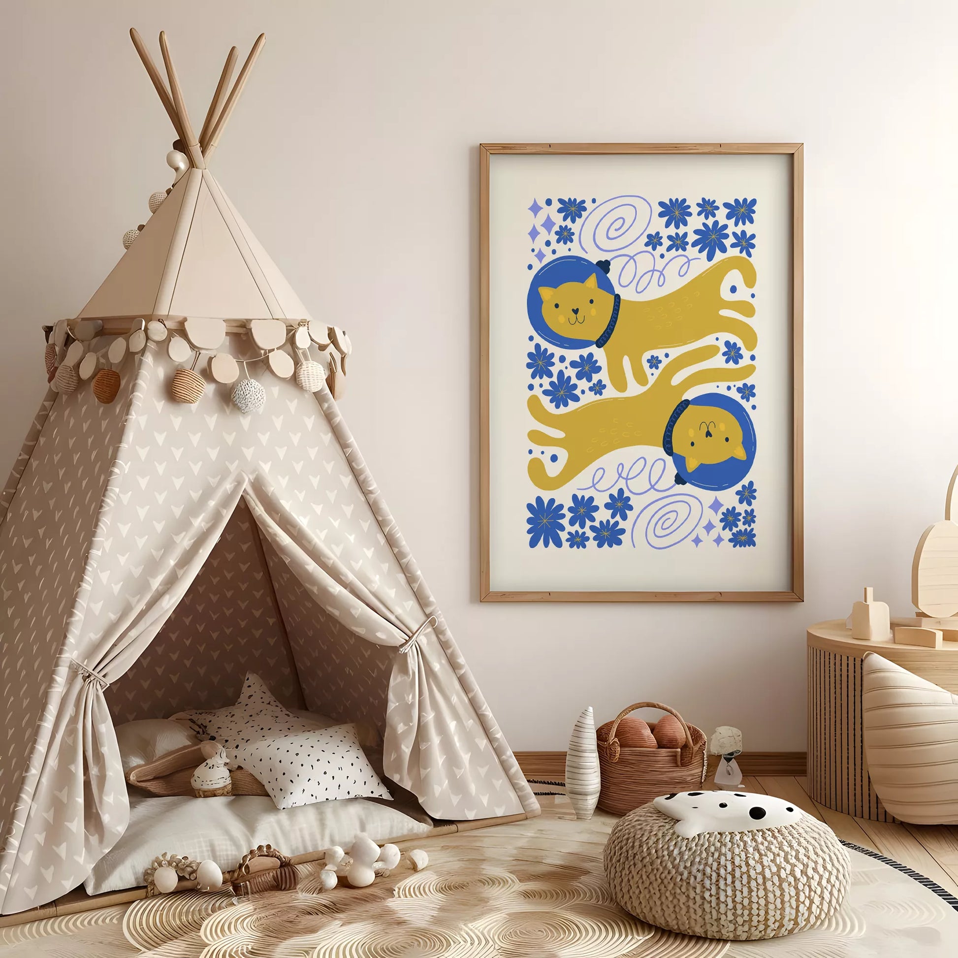 宇宙猫宇宙飛行士ボタニカルキッズポスター子供部屋壁装飾