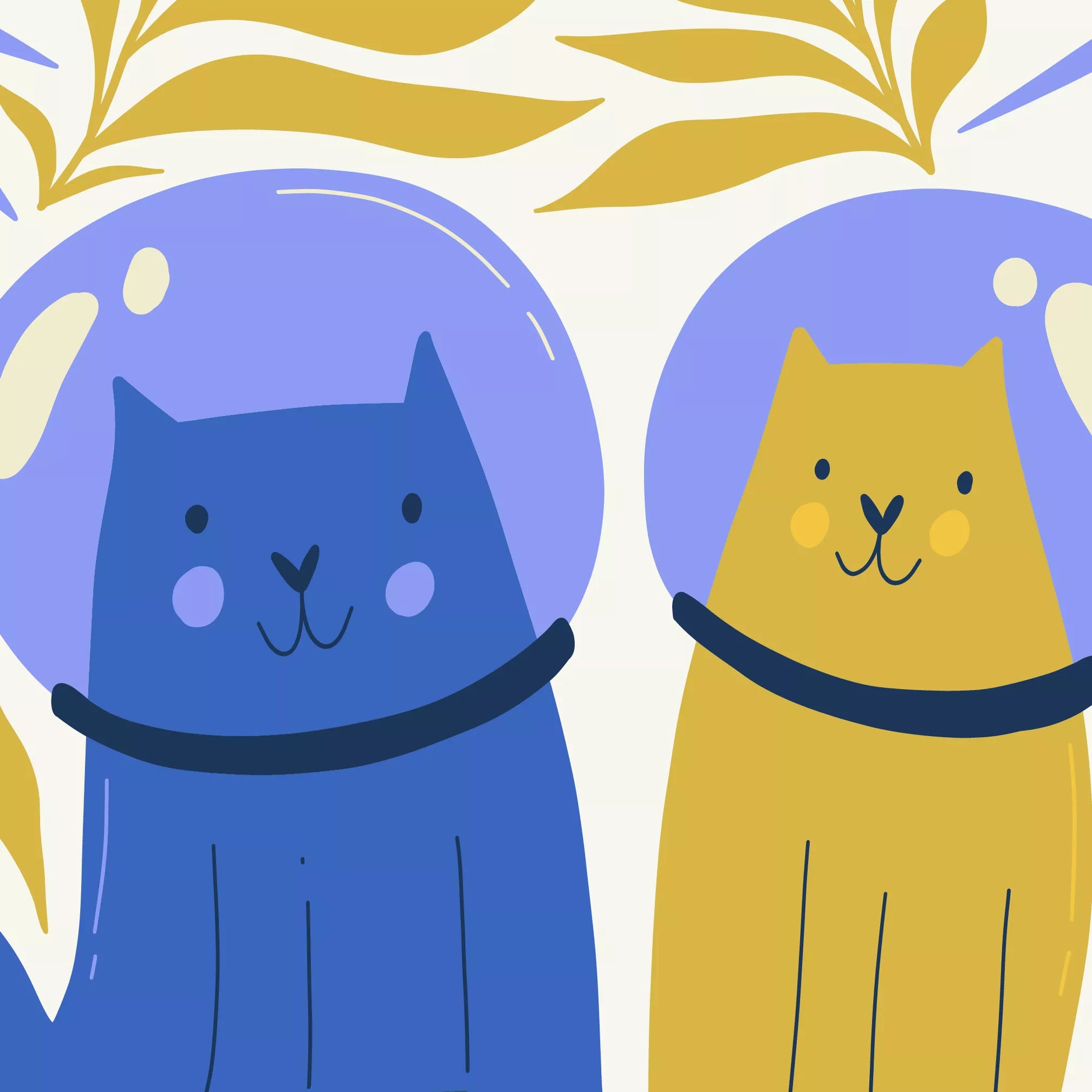 宇宙飛行士の猫2匹が月面で友情を育むボタニカル装飾の子供部屋用アートポスター