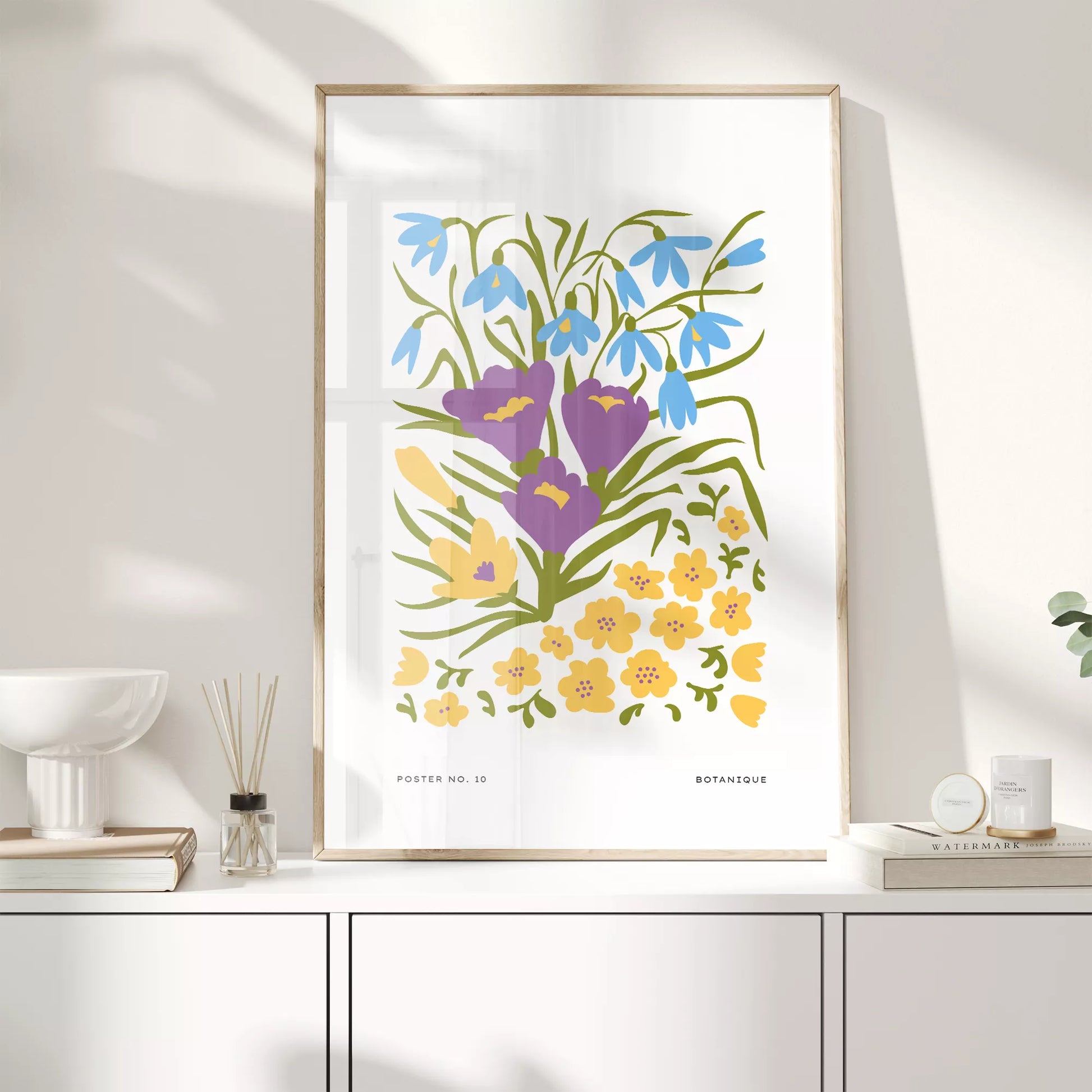 北欧デザインの春色ボタニカル 花束アートポスター パープルイエロー