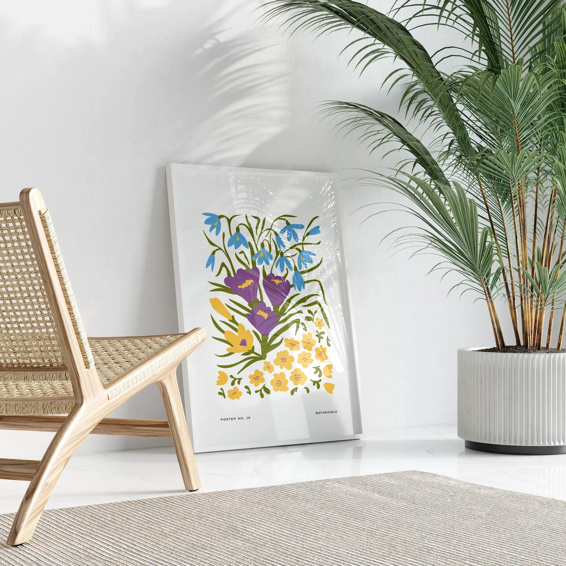 北欧デザインの春色ボタニカル 花束アートポスター パープルイエロー