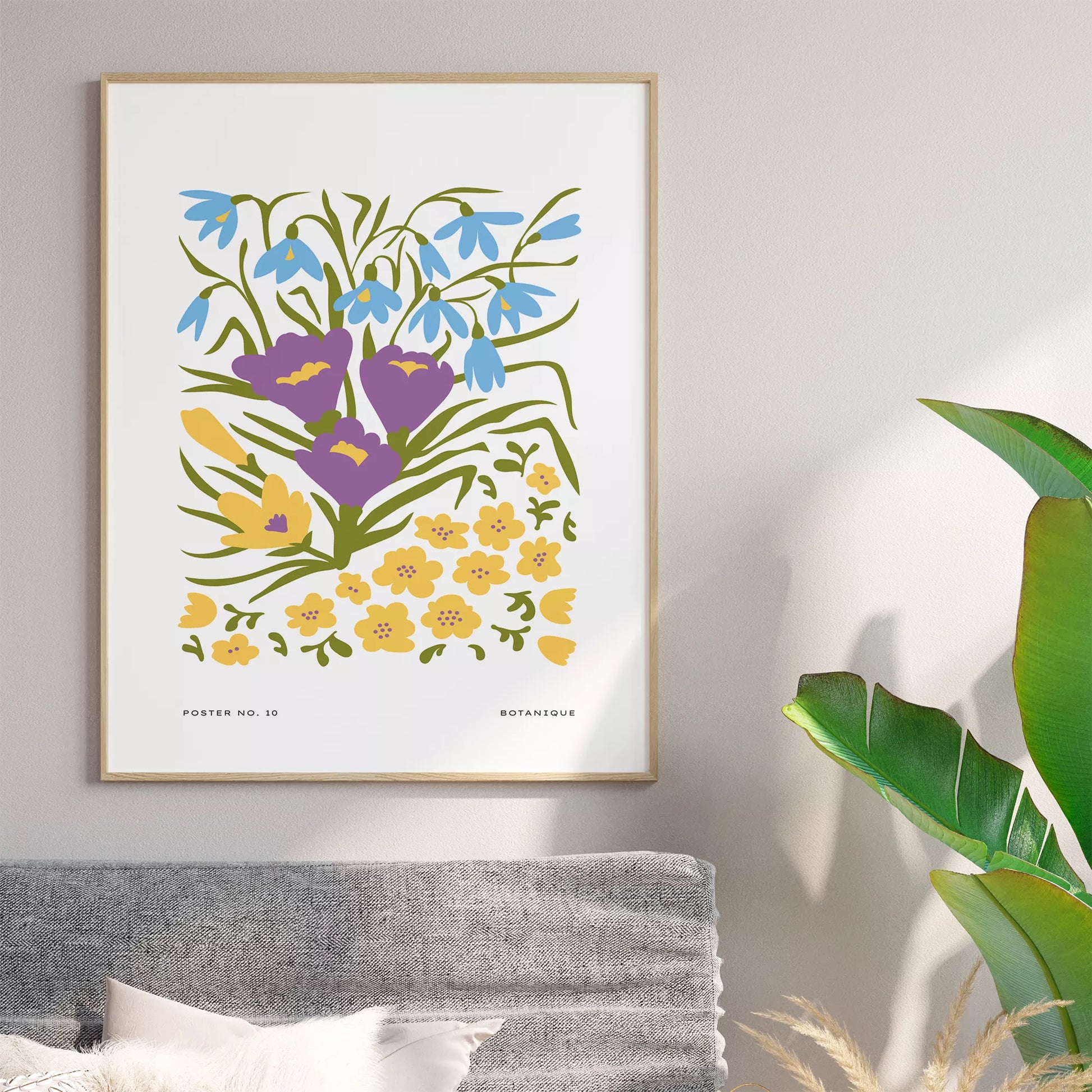 北欧デザインの春色ボタニカル 花束アートポスター パープルイエロー