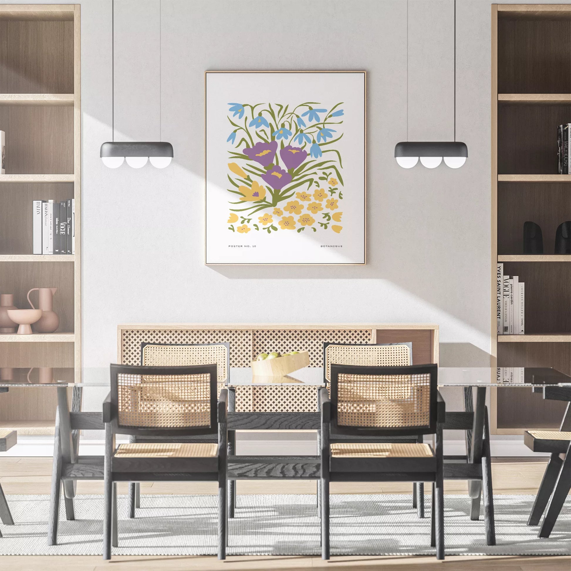北欧デザインの春色ボタニカル 花束アートポスター パープルイエロー