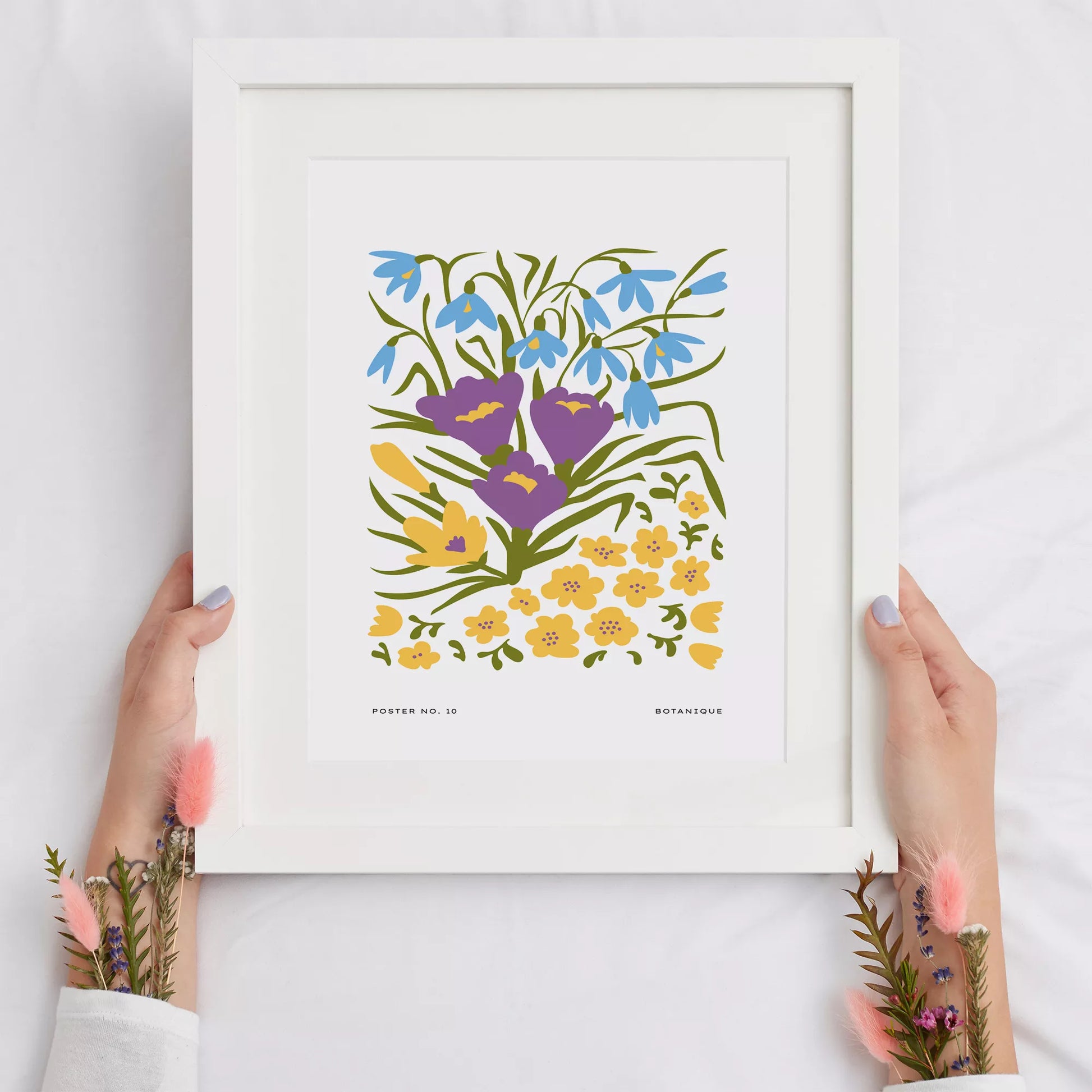 北欧デザインの春色ボタニカル 花束アートポスター パープルイエロー
