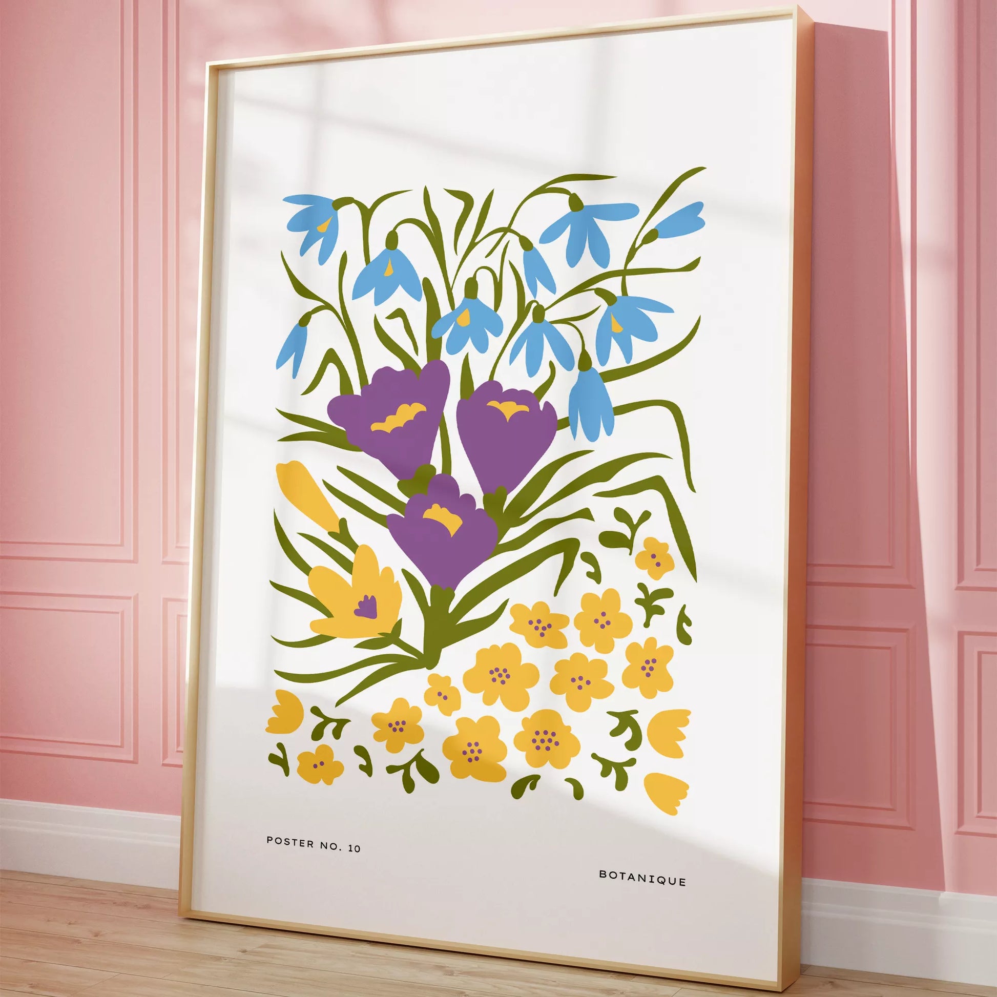 北欧デザインの春色ボタニカル 花束アートポスター パープルイエロー