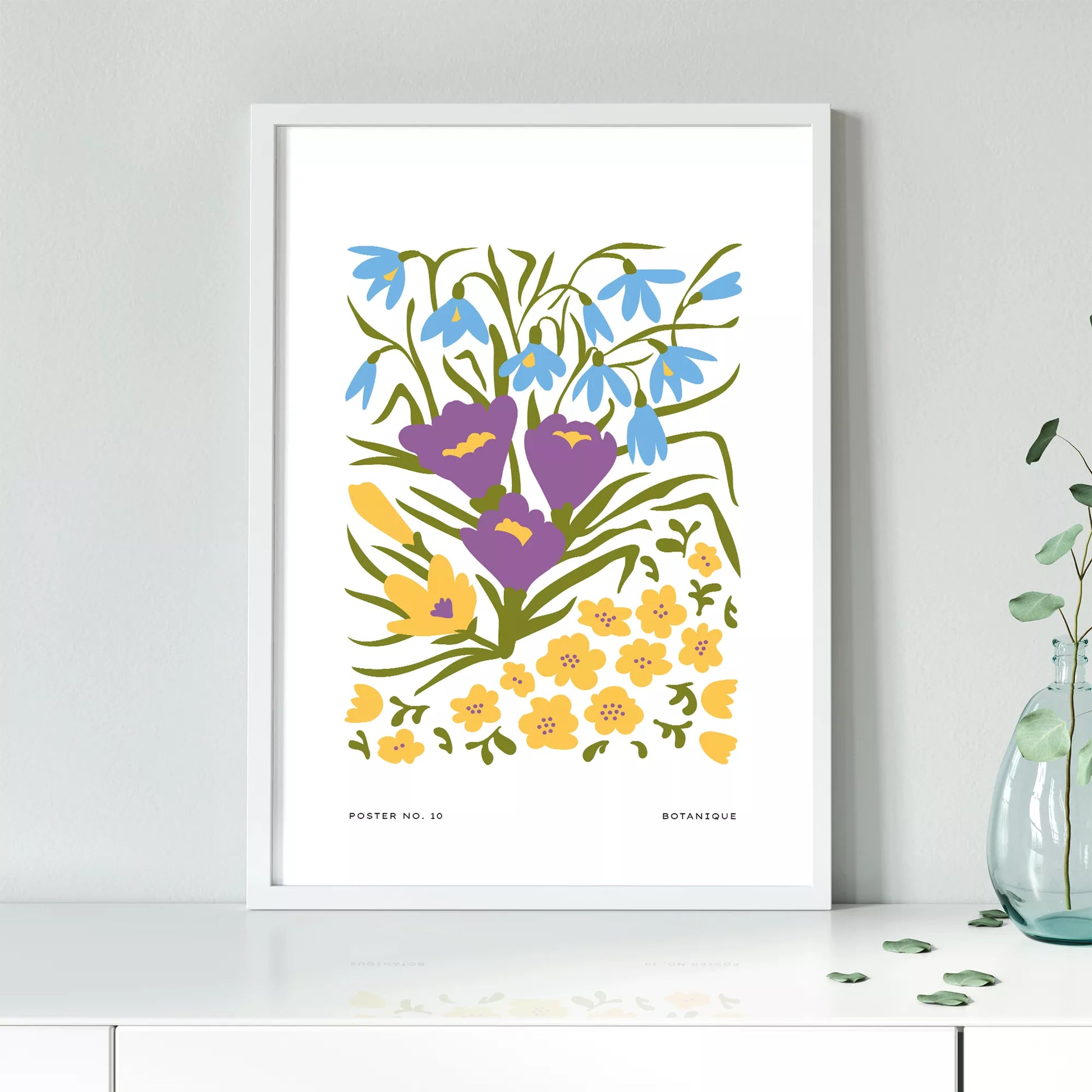 北欧デザインの春色ボタニカル 花束アートポスター パープルイエロー