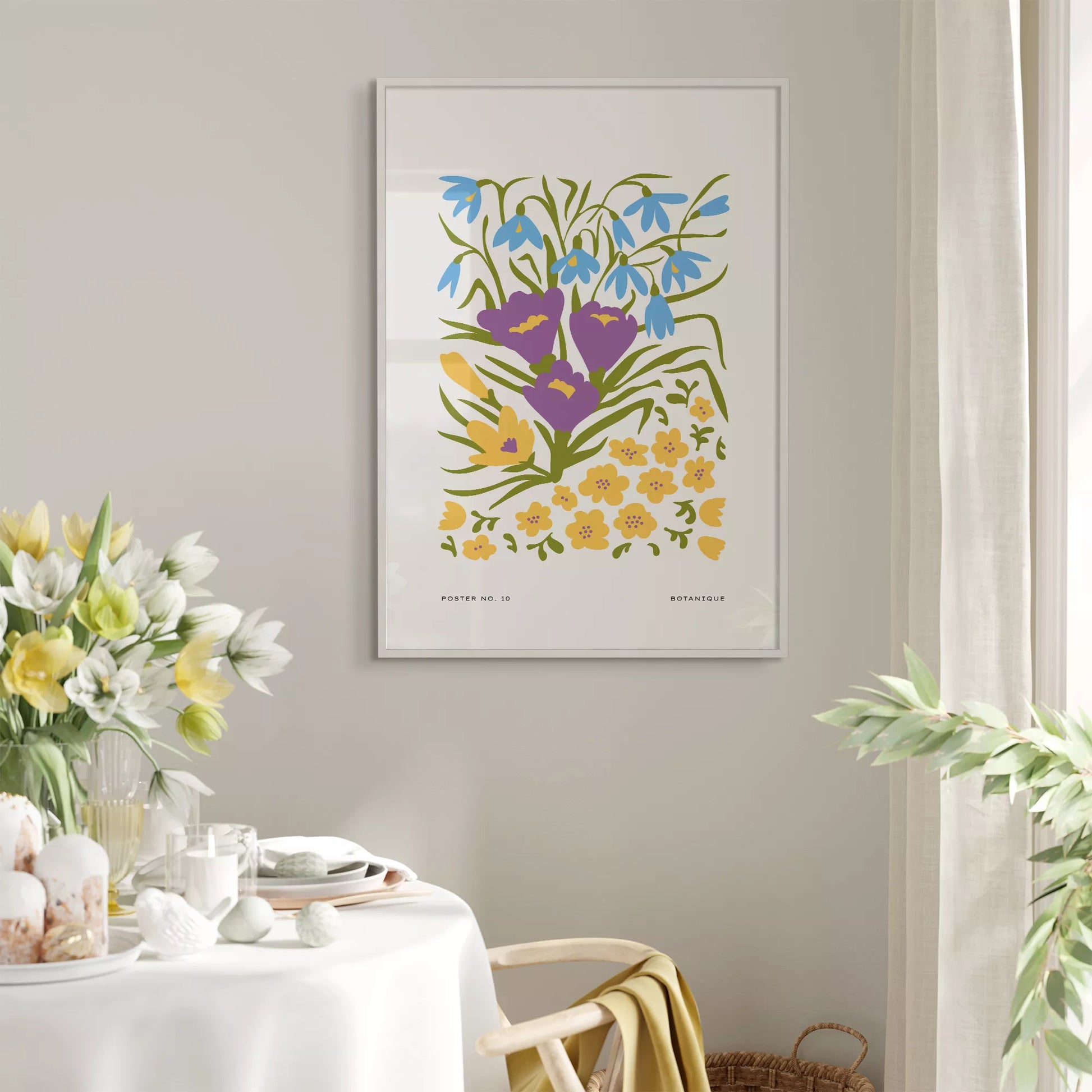 北欧デザインの春色ボタニカル 花束アートポスター パープルイエロー
