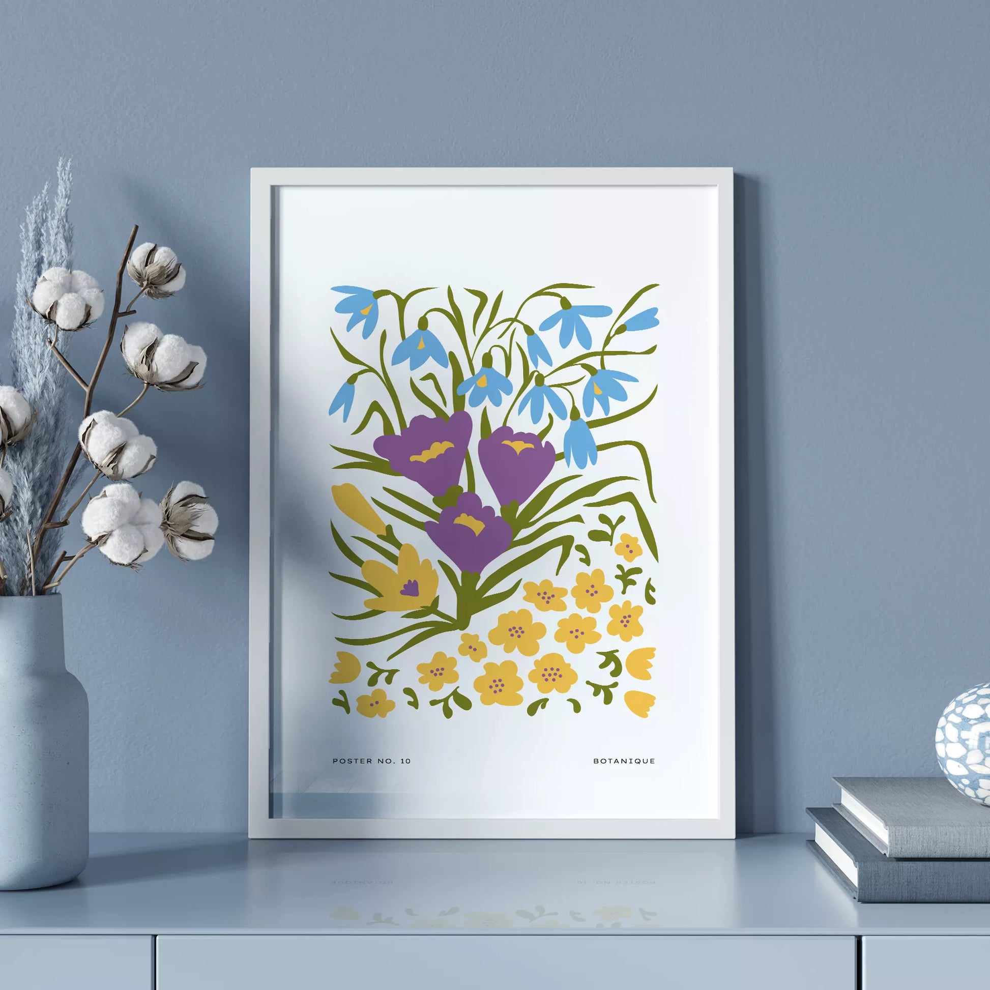 北欧デザインの春色ボタニカル 花束アートポスター パープルイエロー
