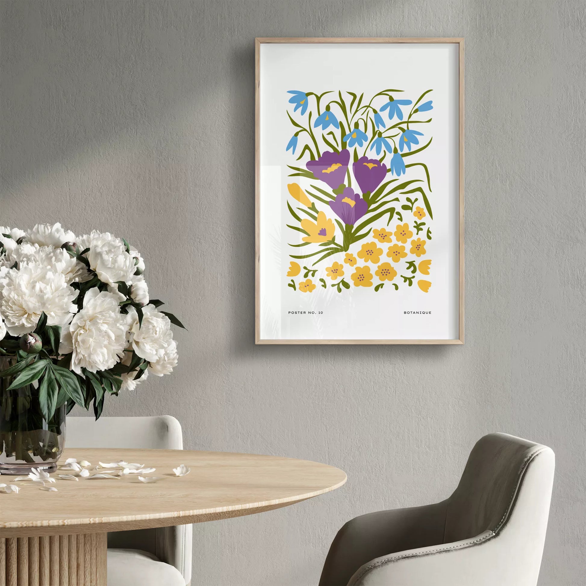 北欧デザインの春色ボタニカル 花束アートポスター パープルイエロー
