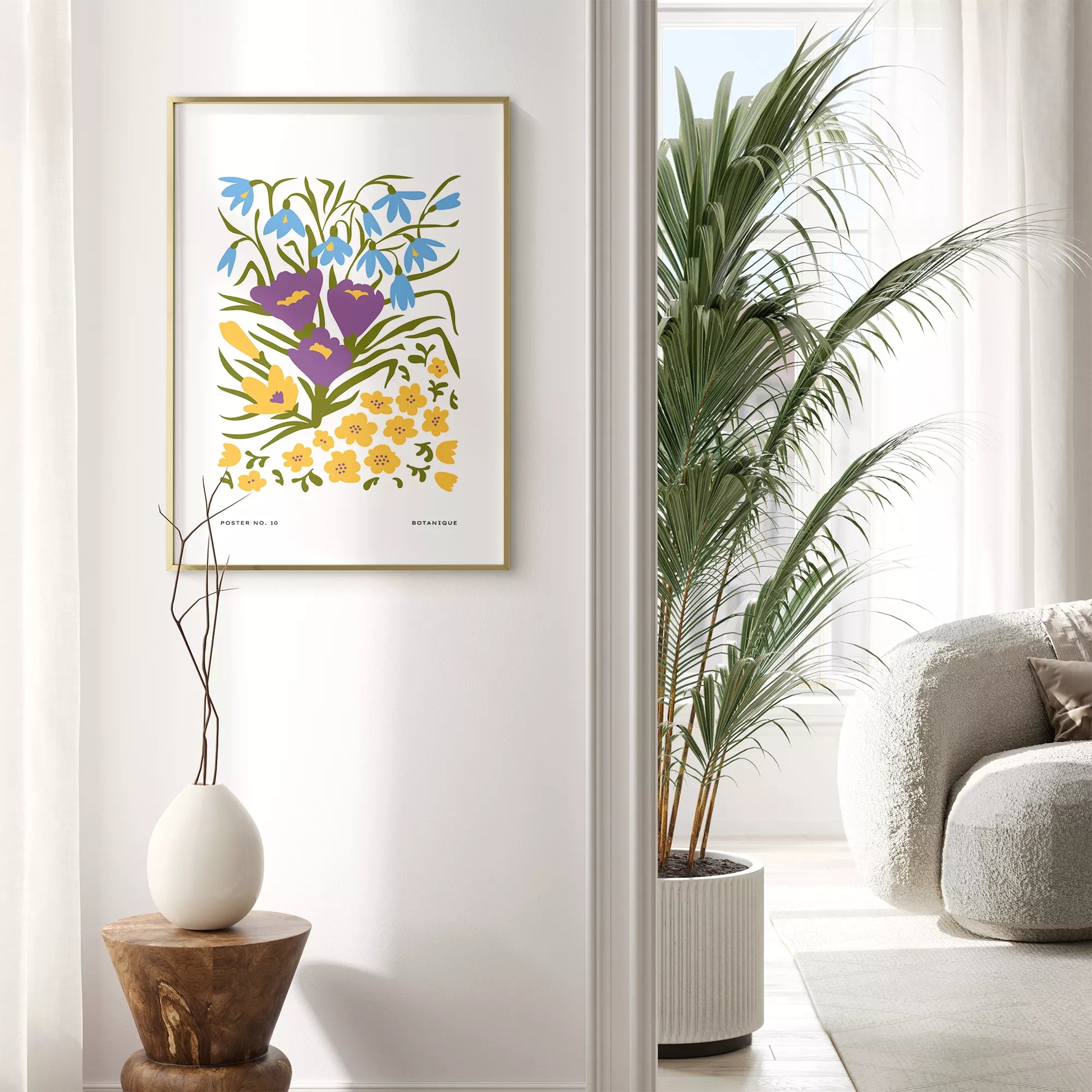北欧デザインの春色ボタニカル 花束アートポスター パープルイエロー