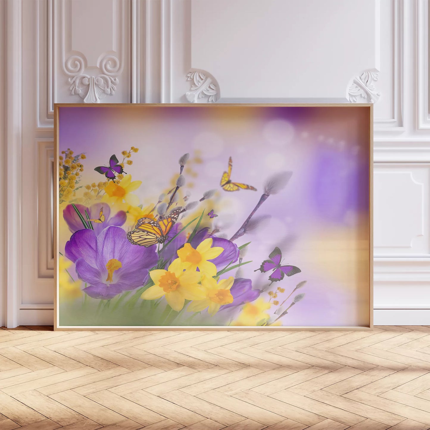 紫のクロッカスと黄色い水仙に舞う蝶々の春の情景画