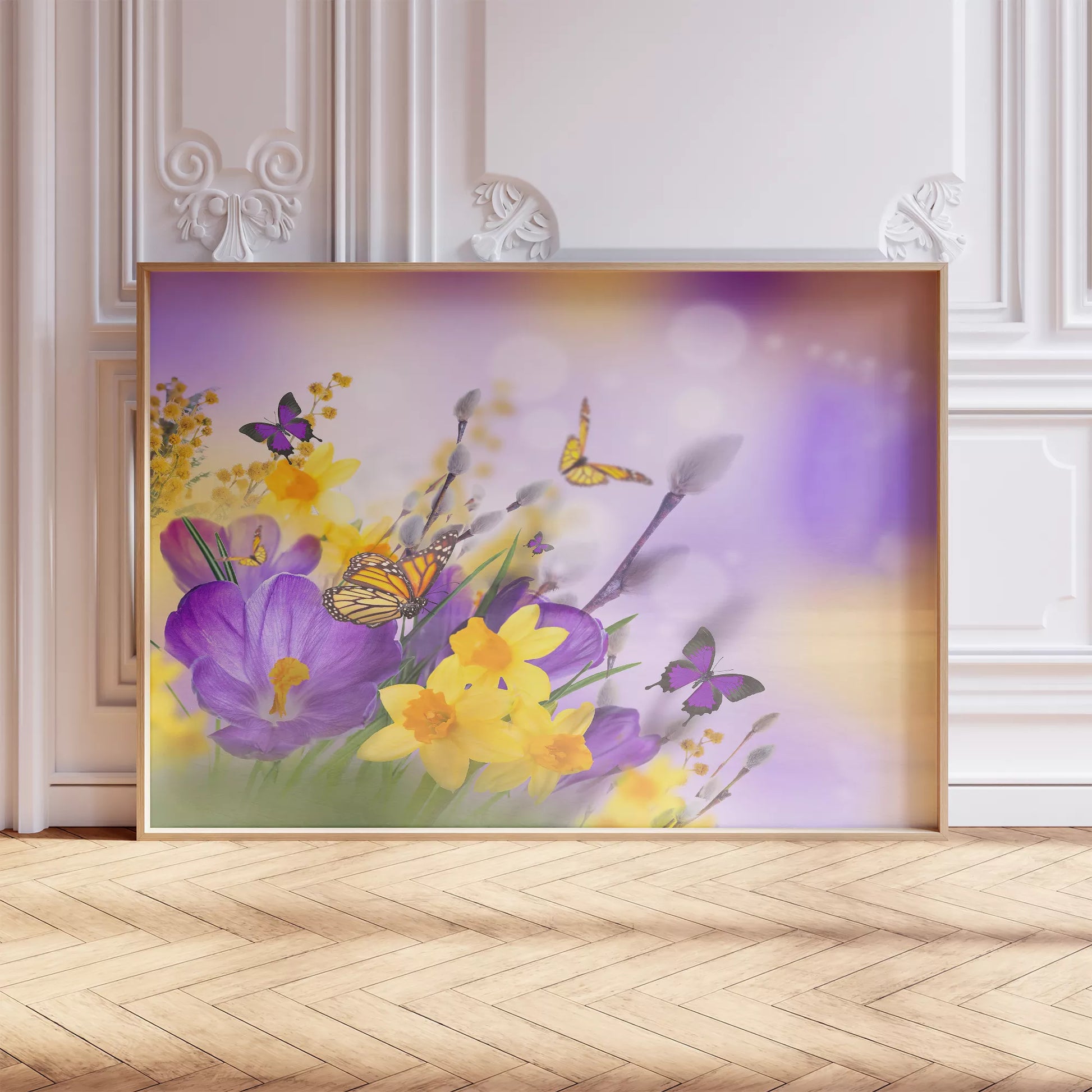 紫のクロッカスと黄色い水仙に舞う蝶々の春の情景画