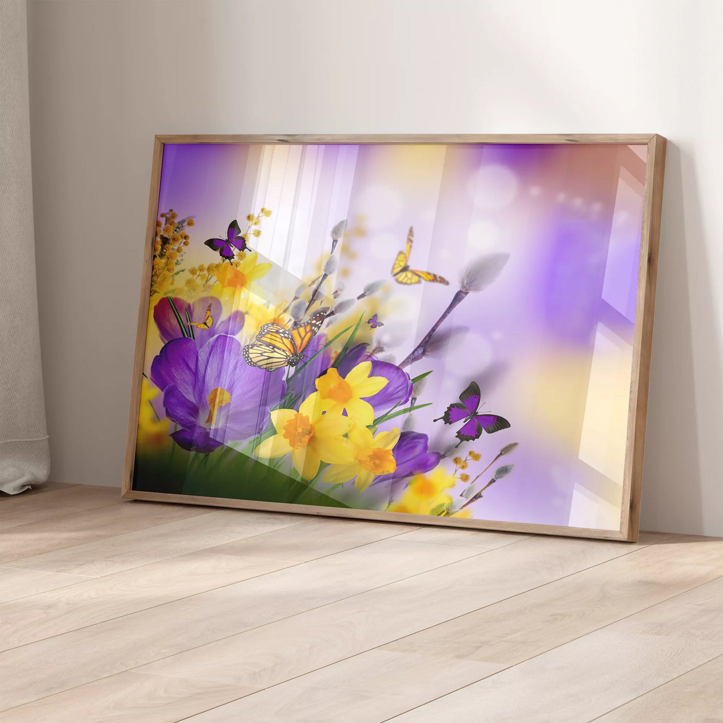 紫のクロッカスと黄色い水仙に舞う蝶々の春の情景画