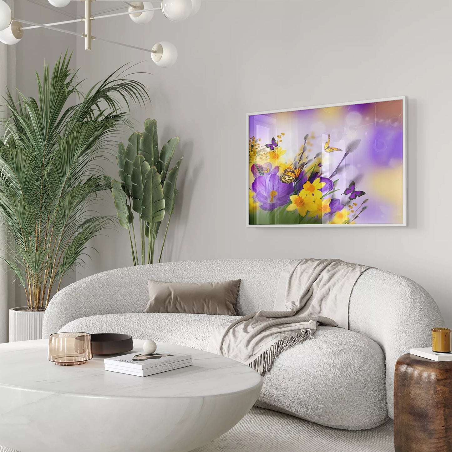 紫のクロッカスと黄色い水仙に舞う蝶々の春の情景画