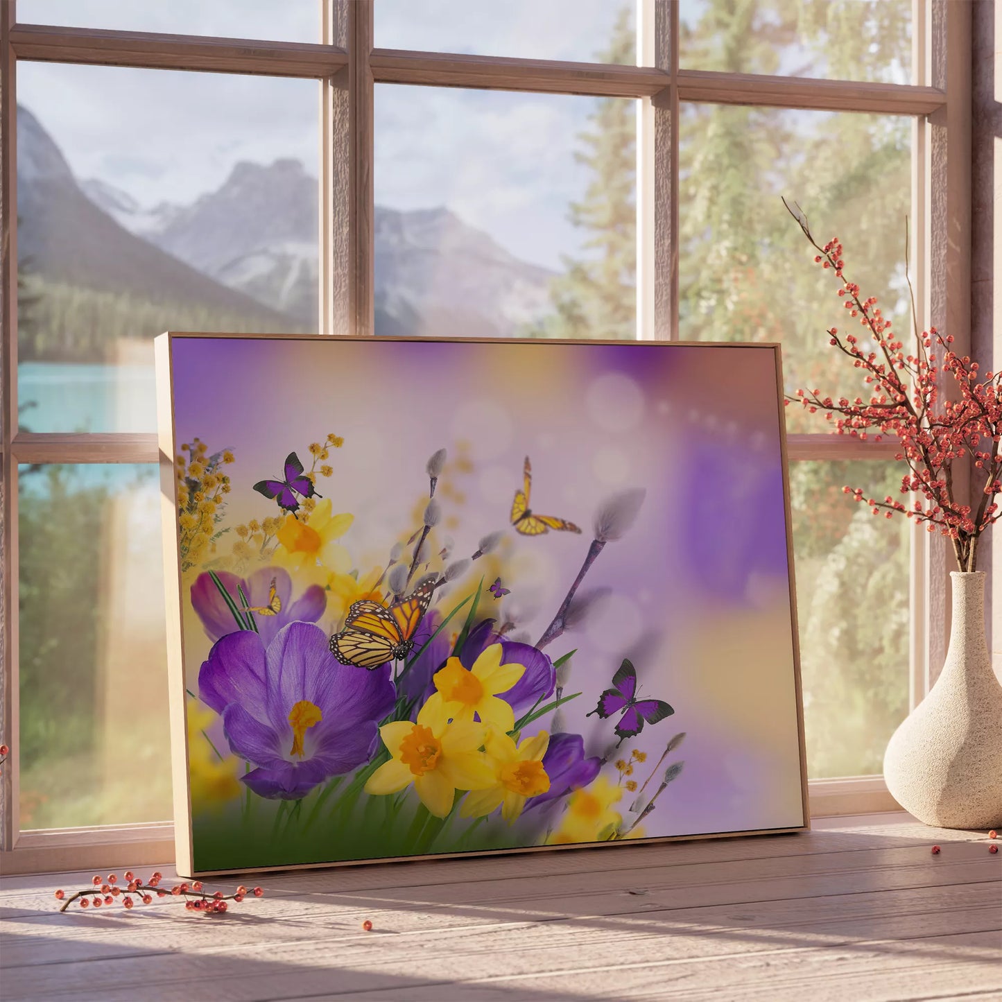 紫のクロッカスと黄色い水仙に舞う蝶々の春の情景画