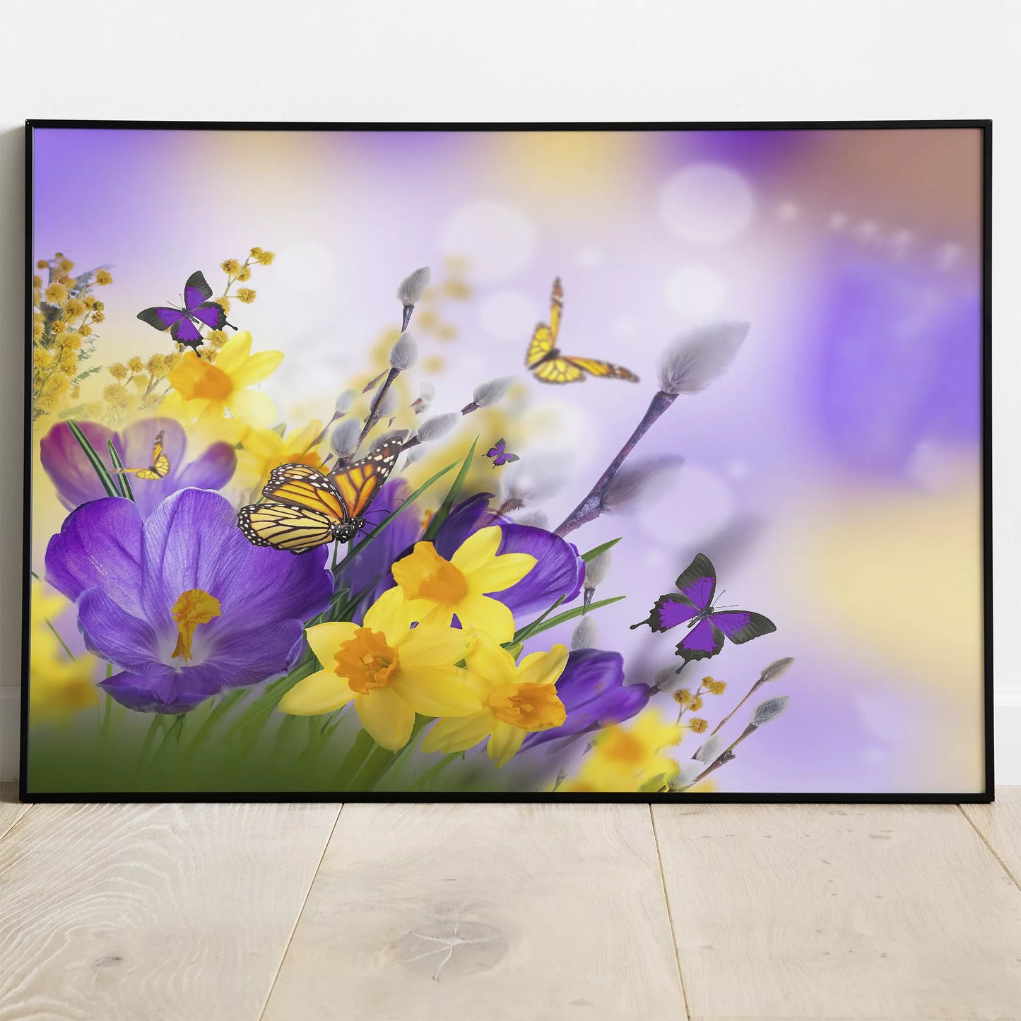 紫のクロッカスと黄色い水仙に舞う蝶々の春の情景画