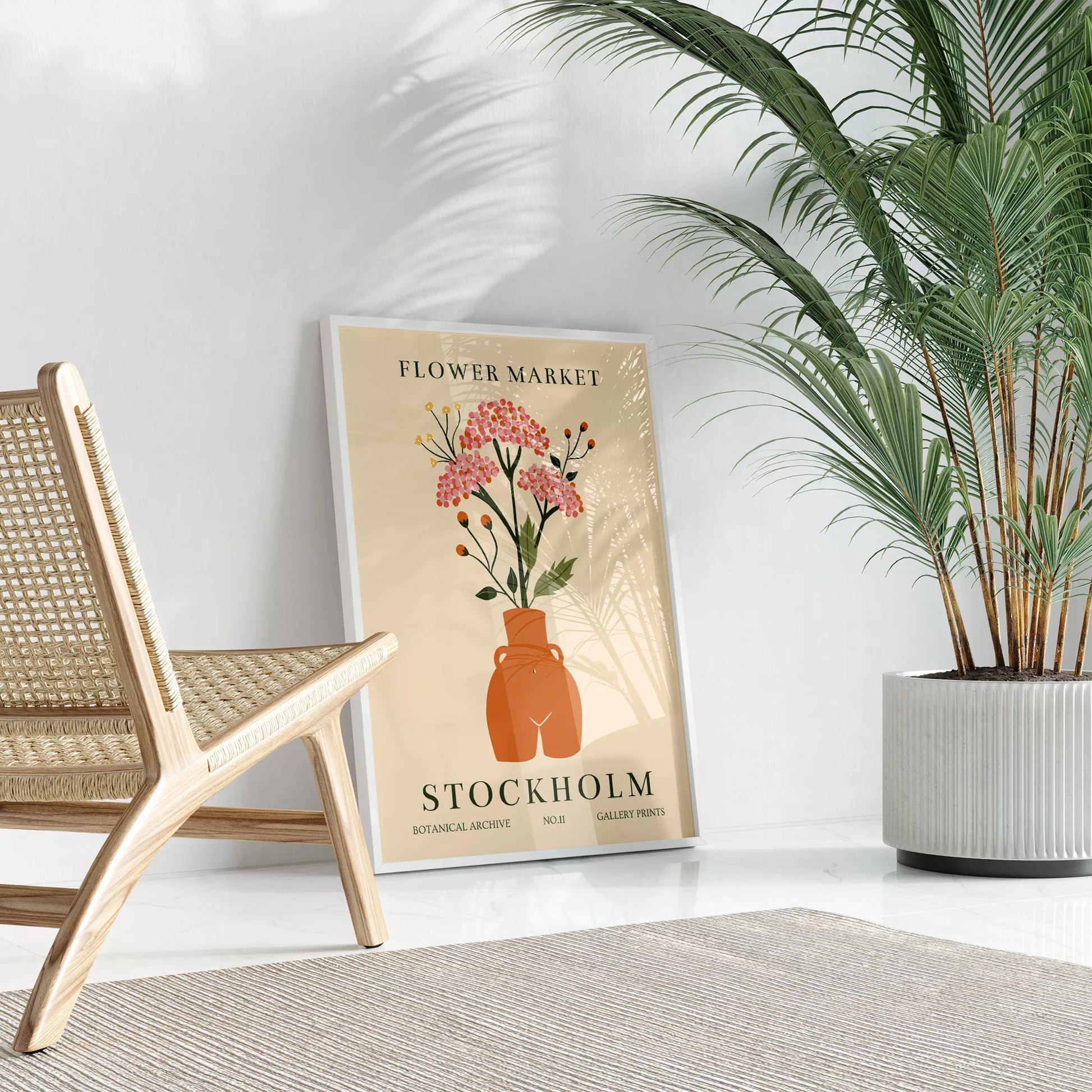 北欧風フラワーマーケットのボタニカルアートポスター、テラコッタ色の花瓶に活けたピンクの花