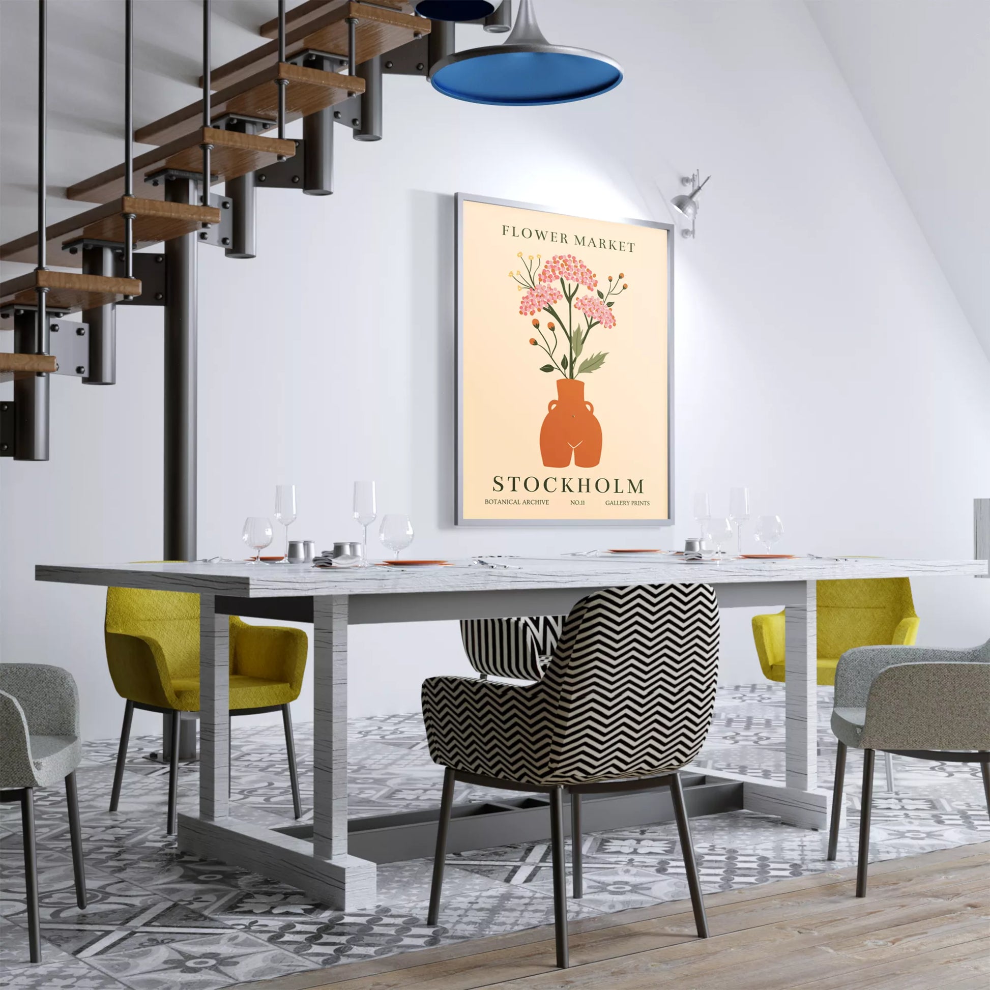 北欧風フラワーマーケットのボタニカルアートポスター、テラコッタ色の花瓶に活けたピンクの花