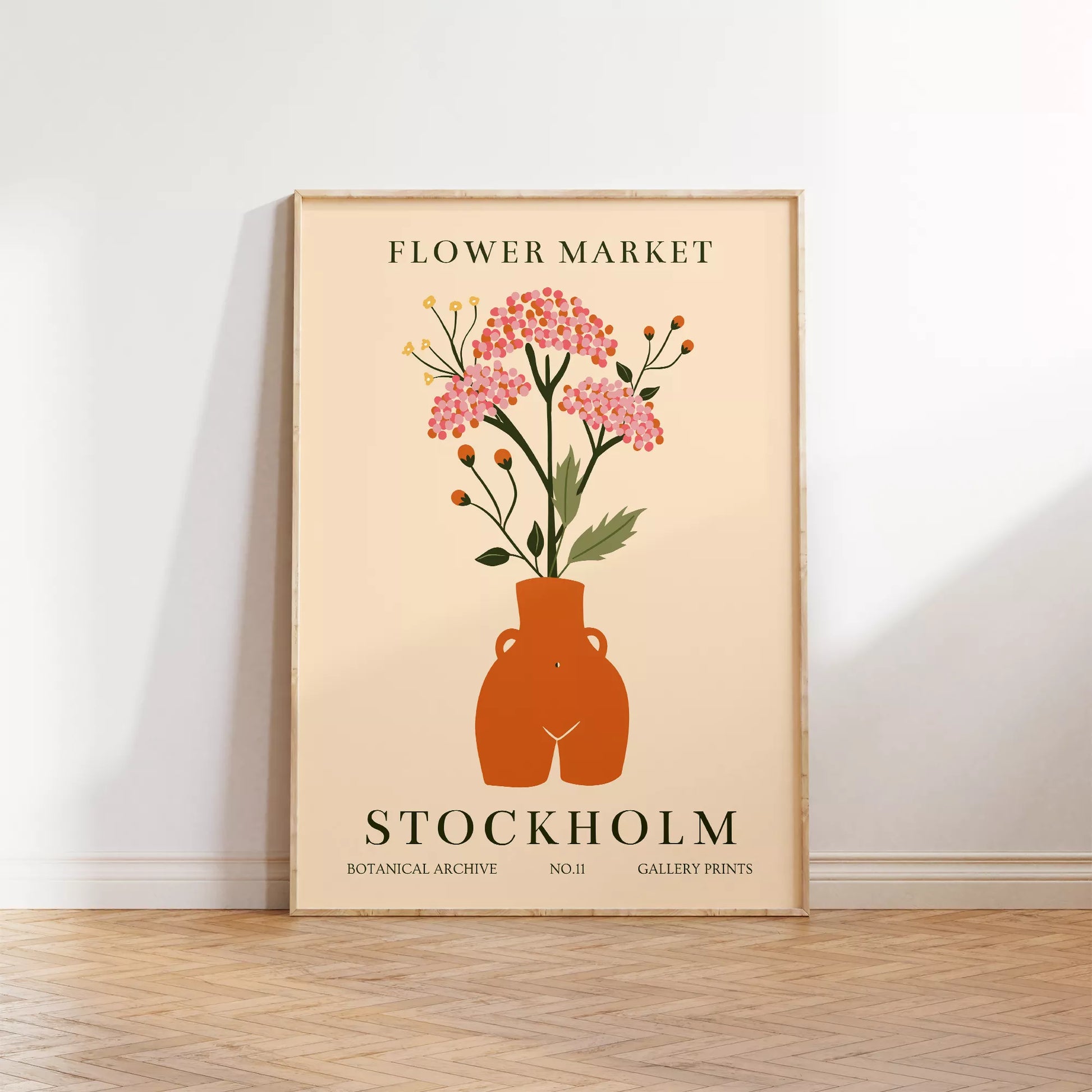 北欧風フラワーマーケットのボタニカルアートポスター、テラコッタ色の花瓶に活けたピンクの花