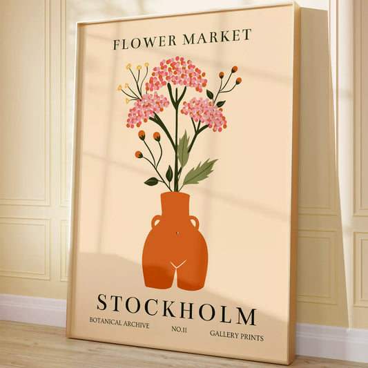 北欧風フラワーマーケットのボタニカルアートポスター、テラコッタ色の花瓶に活けたピンクの花