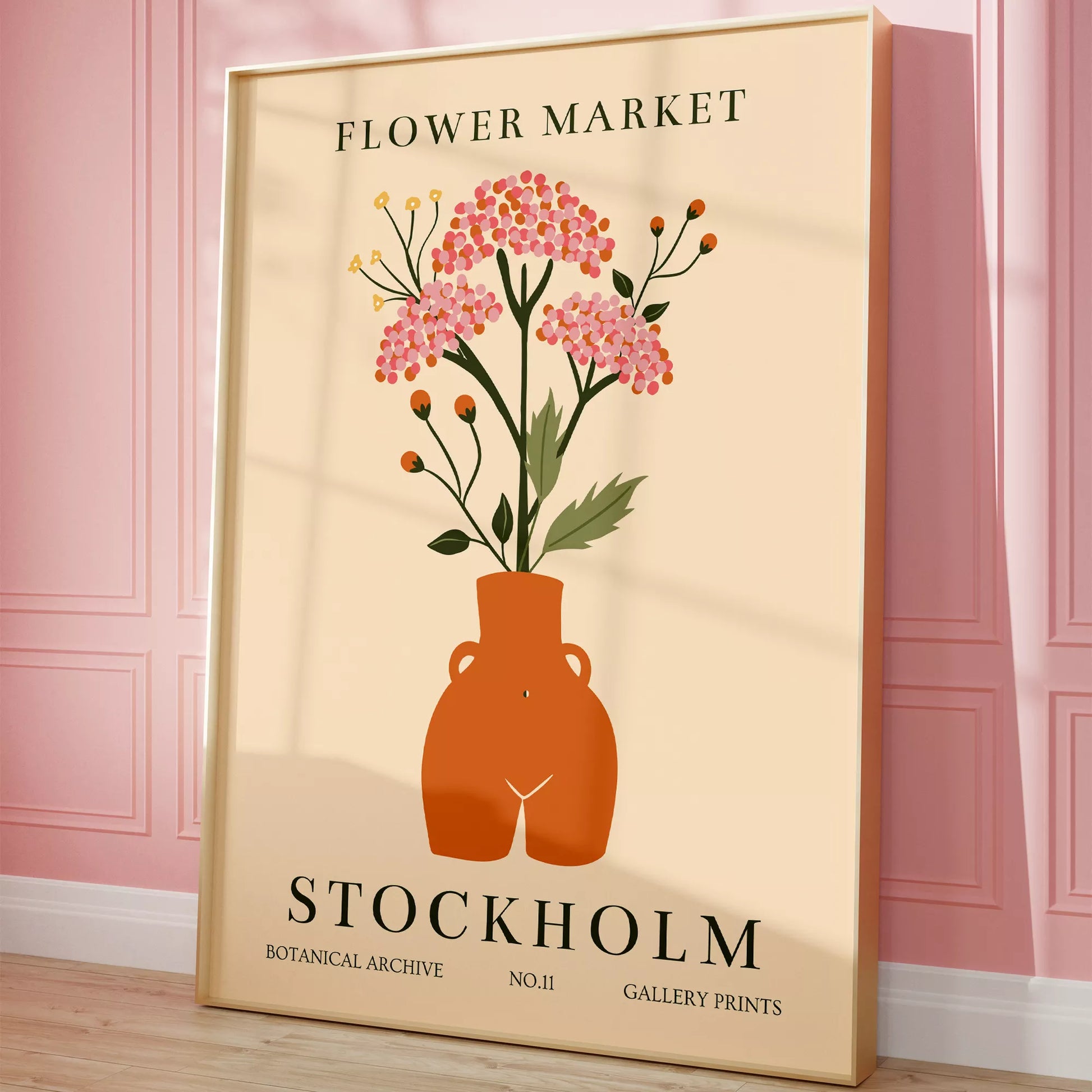 北欧風フラワーマーケットのボタニカルアートポスター、テラコッタ色の花瓶に活けたピンクの花