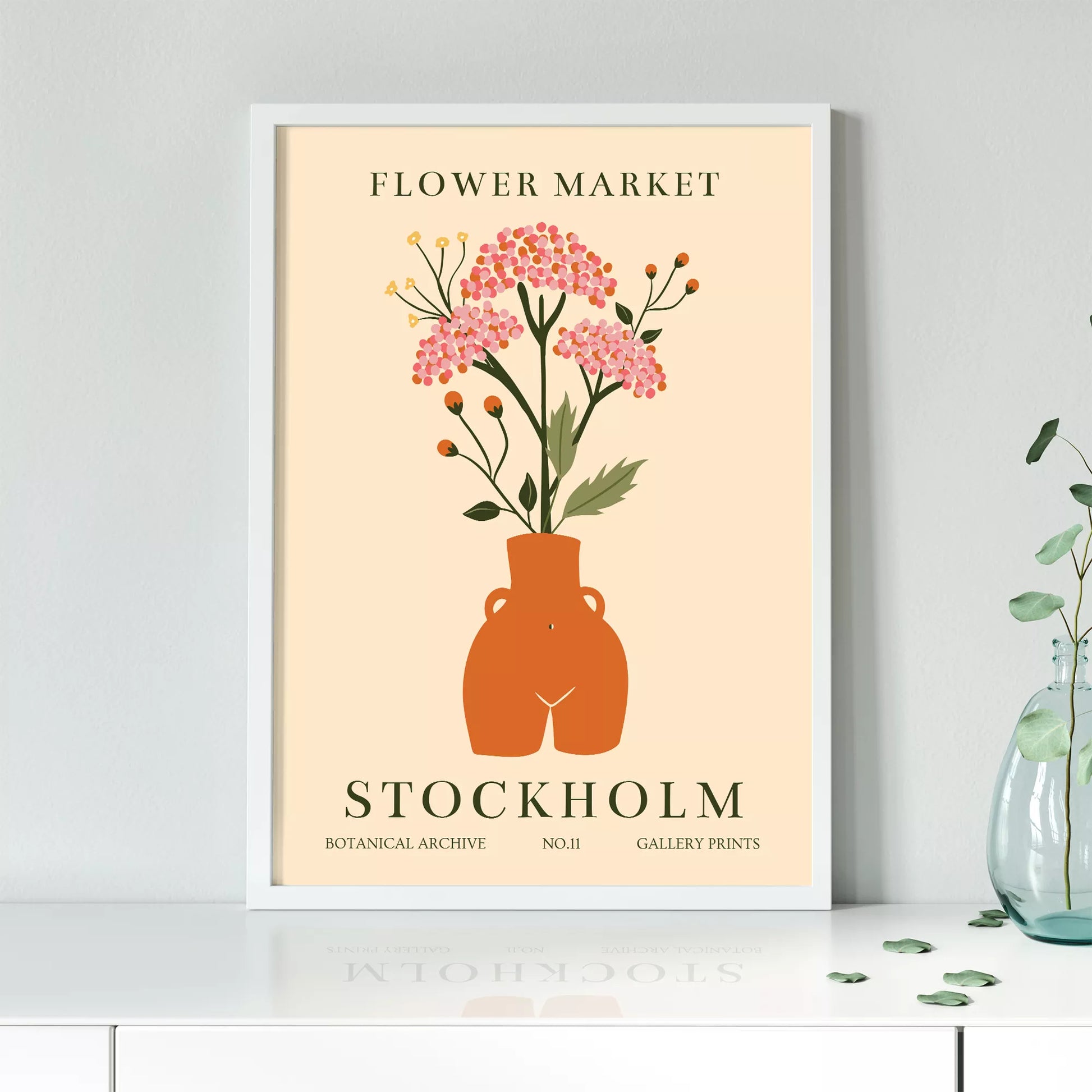 北欧風フラワーマーケットのボタニカルアートポスター、テラコッタ色の花瓶に活けたピンクの花