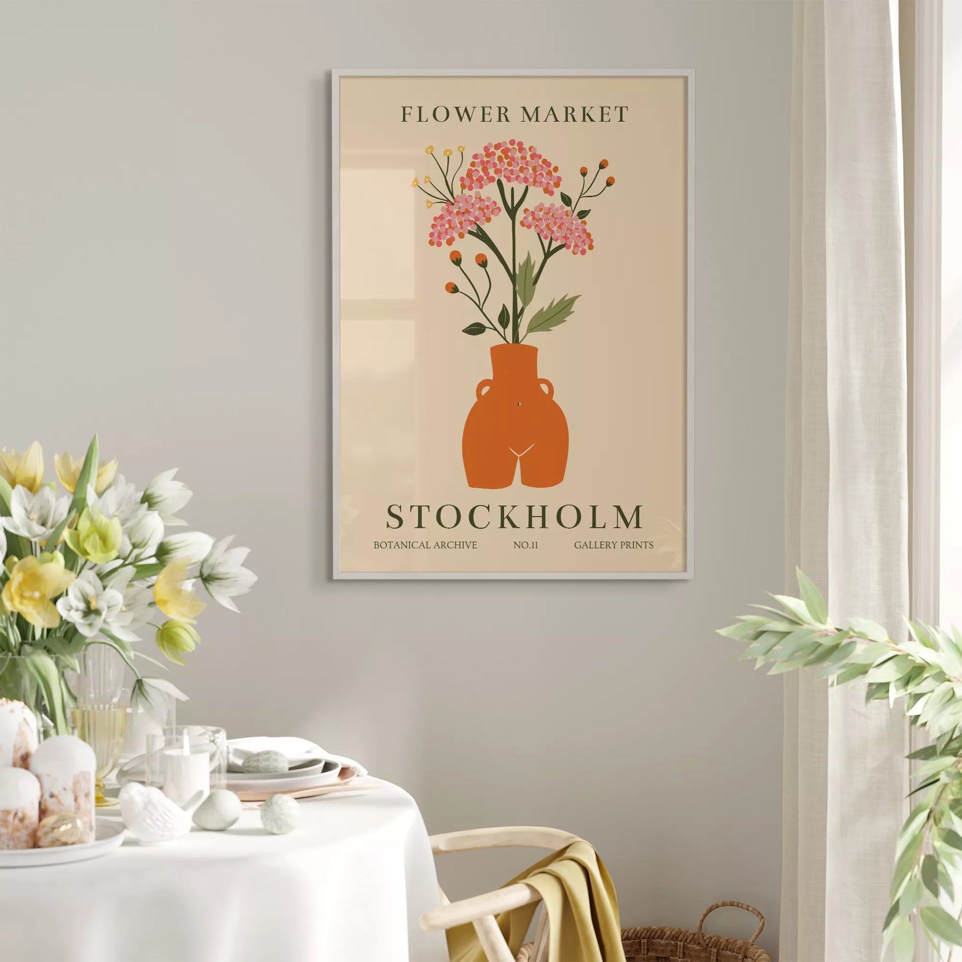 北欧風フラワーマーケットのボタニカルアートポスター、テラコッタ色の花瓶に活けたピンクの花