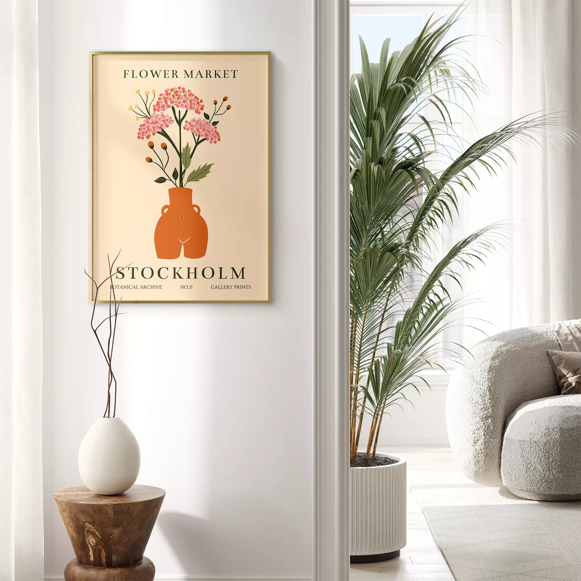 北欧風フラワーマーケットのボタニカルアートポスター、テラコッタ色の花瓶に活けたピンクの花