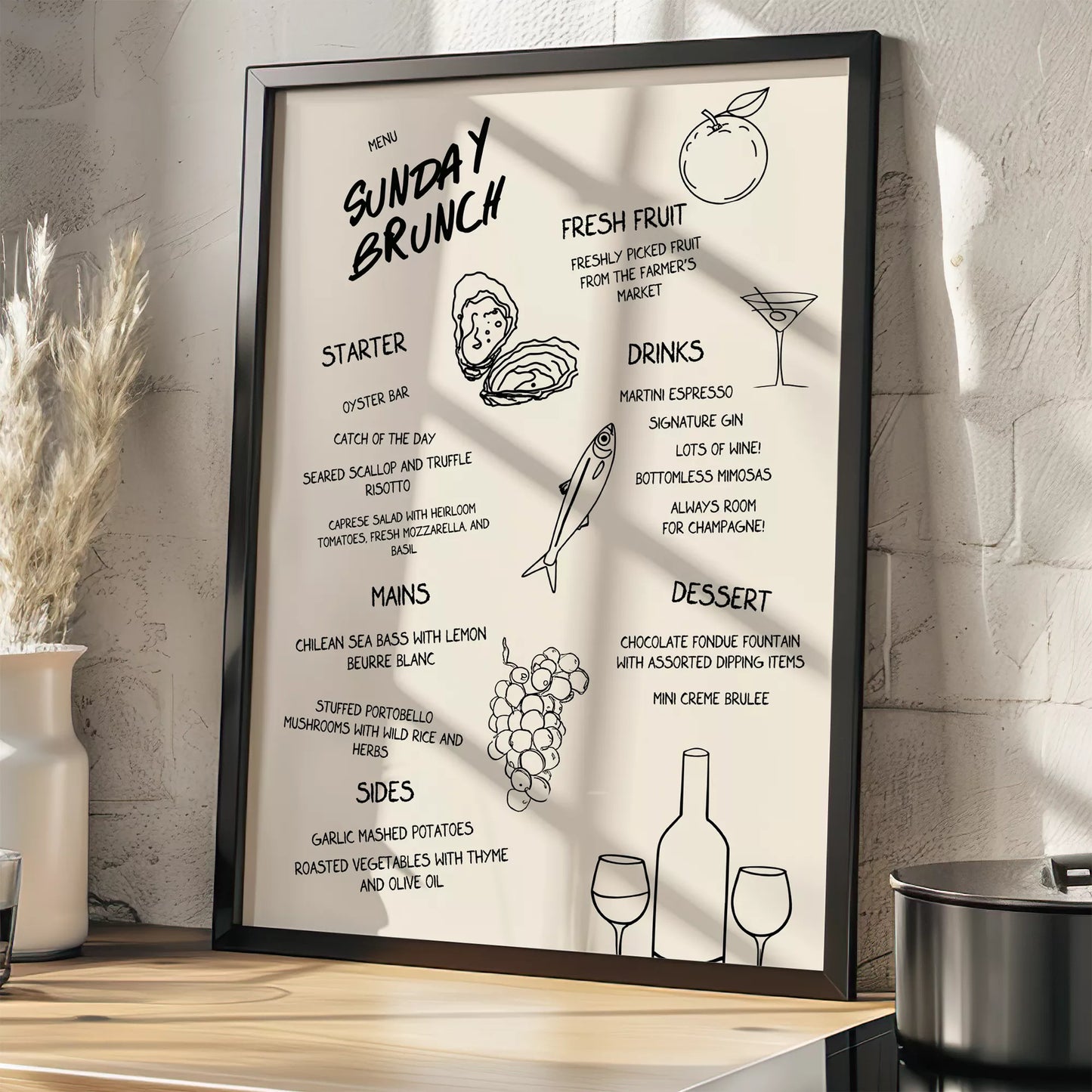 モダンなラインアートで描かれたサンデーブランチメニューイラスト