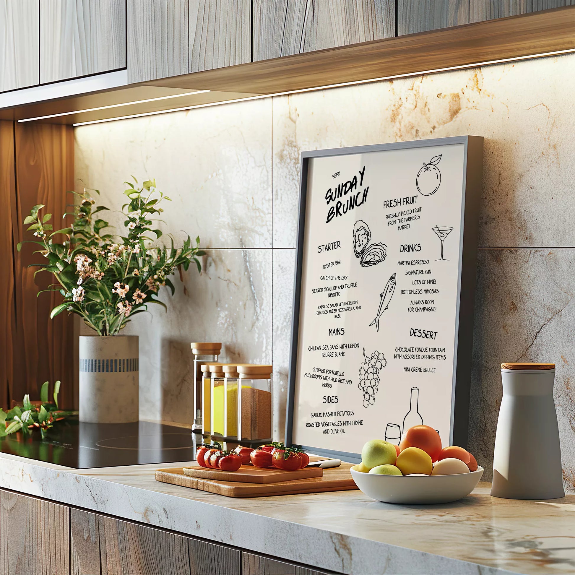 モダンなラインアートで描かれたサンデーブランチメニューイラスト