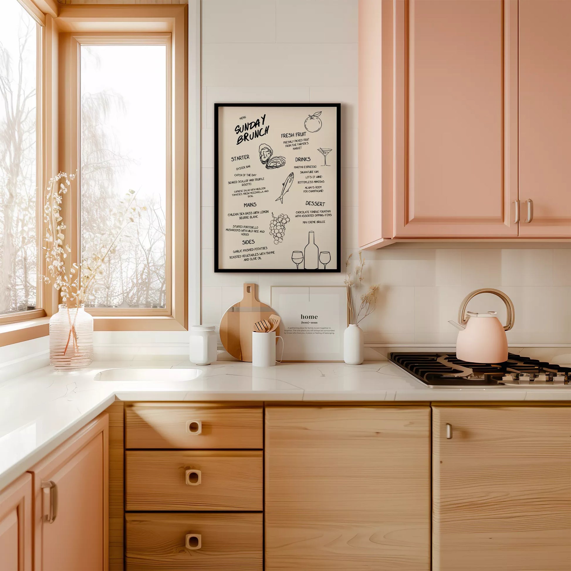 モダンなラインアートで描かれたサンデーブランチメニューイラスト