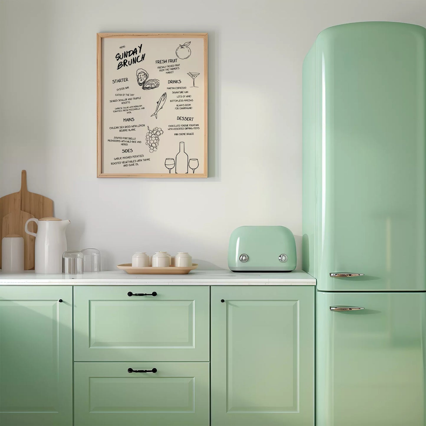 モダンなラインアートで描かれたサンデーブランチメニューイラスト