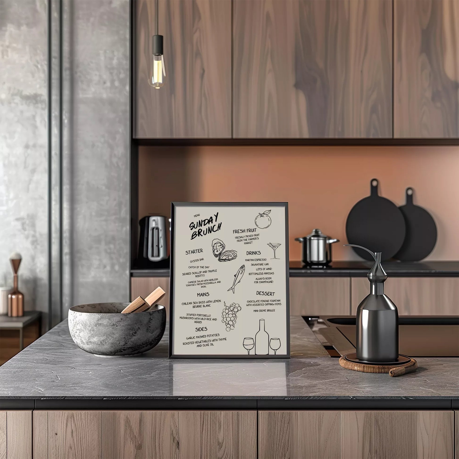 モダンなラインアートで描かれたサンデーブランチメニューイラスト