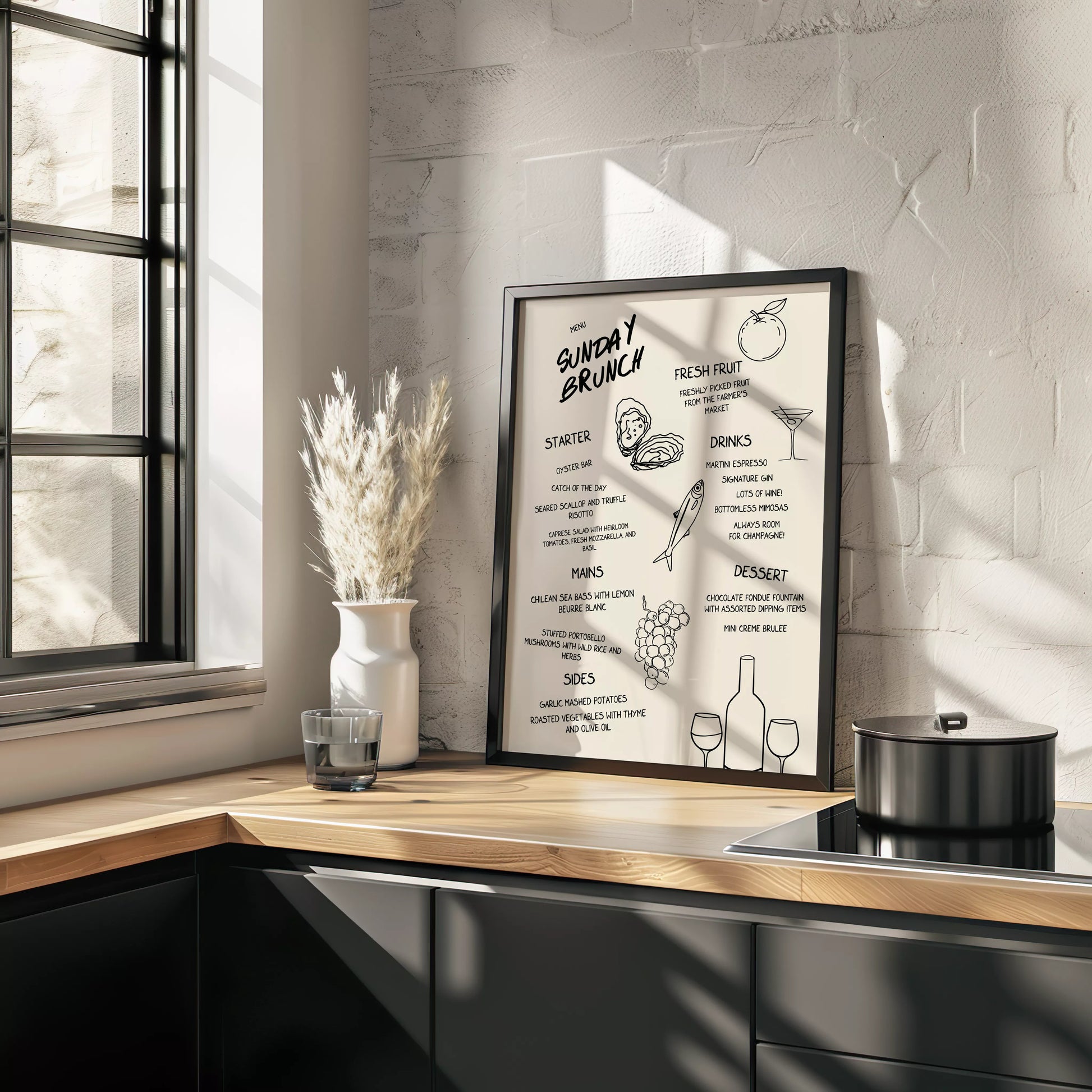 モダンなラインアートで描かれたサンデーブランチメニューイラスト