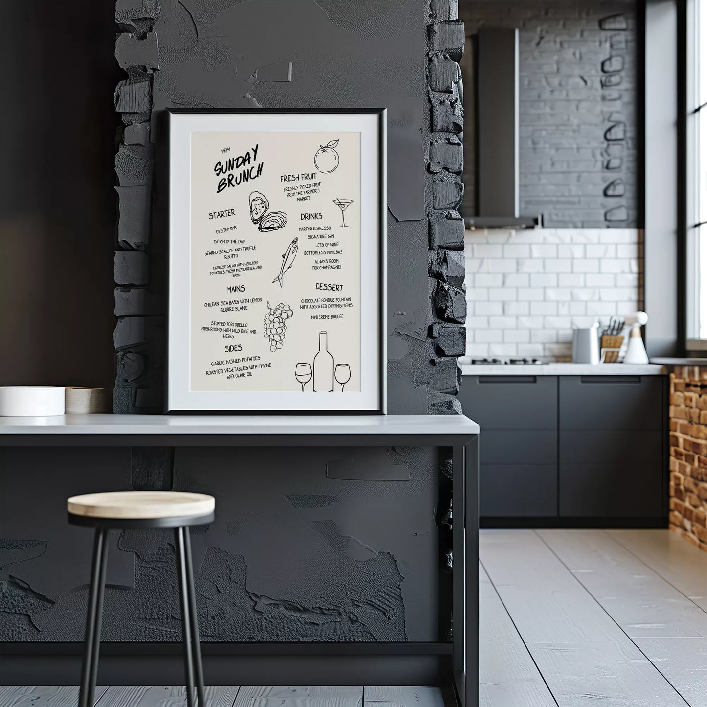 モダンなラインアートで描かれたサンデーブランチメニューイラスト