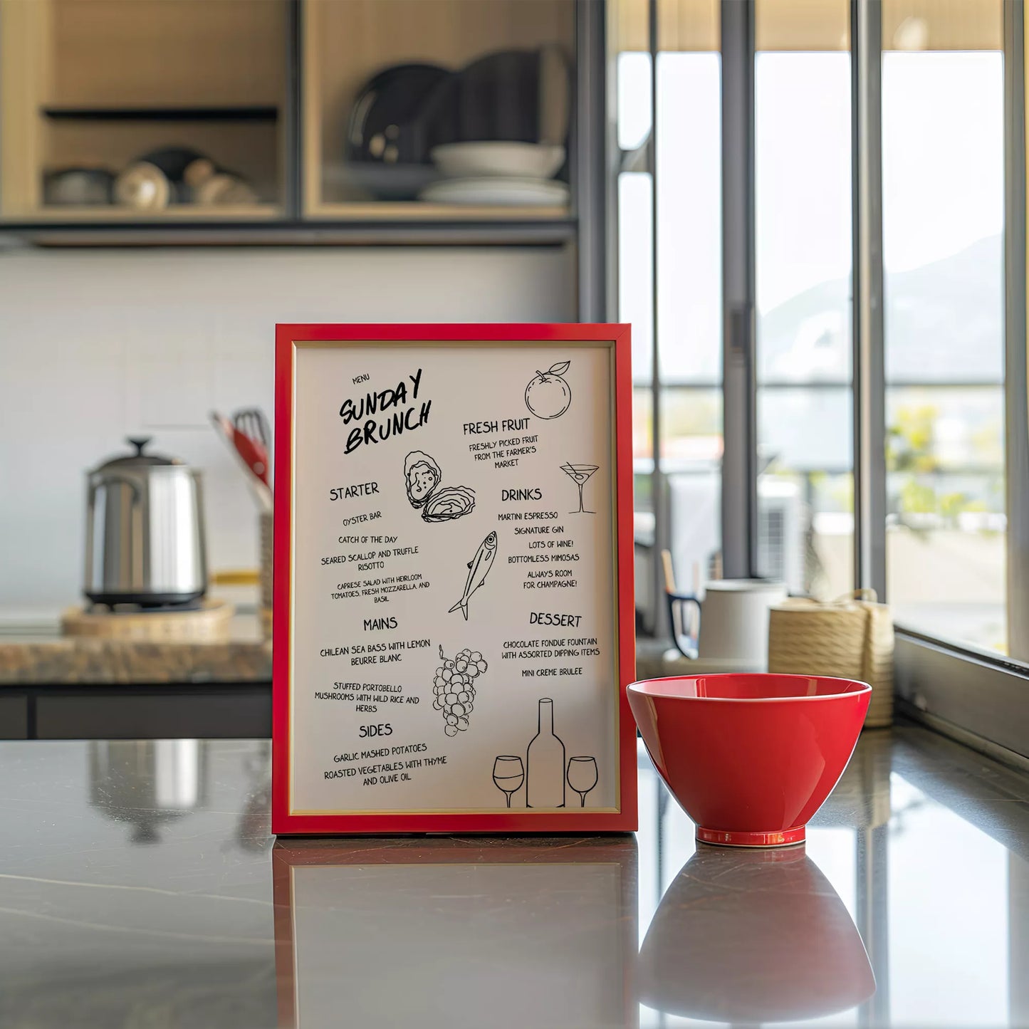 モダンなラインアートで描かれたサンデーブランチメニューイラスト