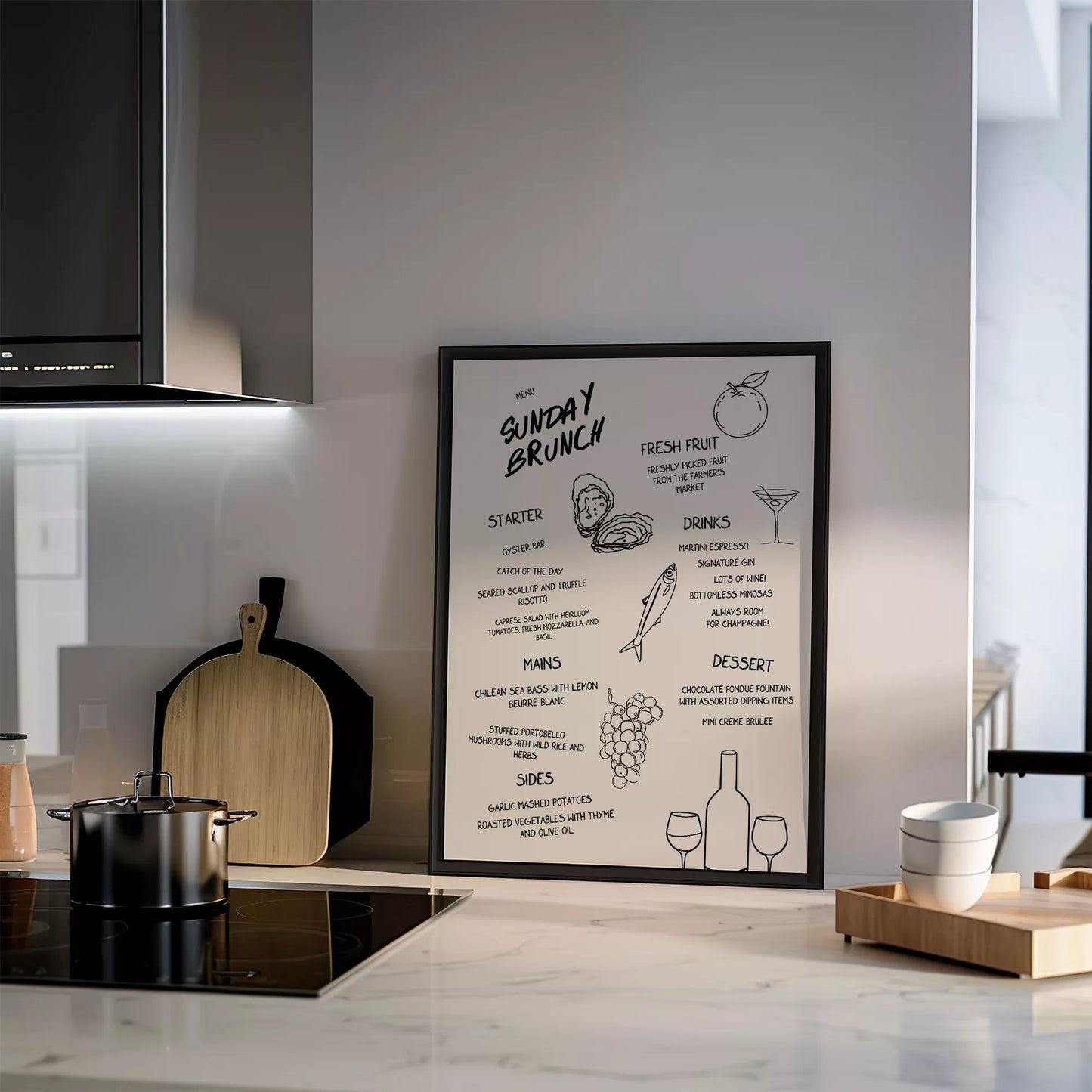 モダンなラインアートで描かれたサンデーブランチメニューイラスト