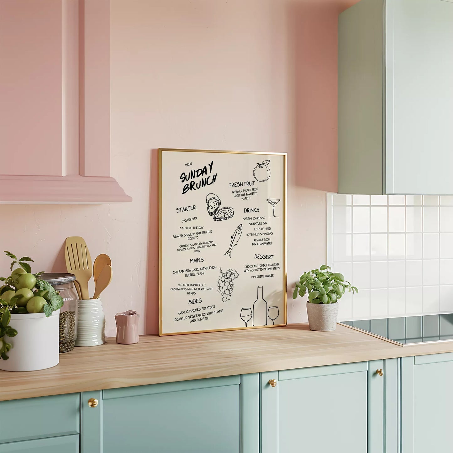 モダンなラインアートで描かれたサンデーブランチメニューイラスト