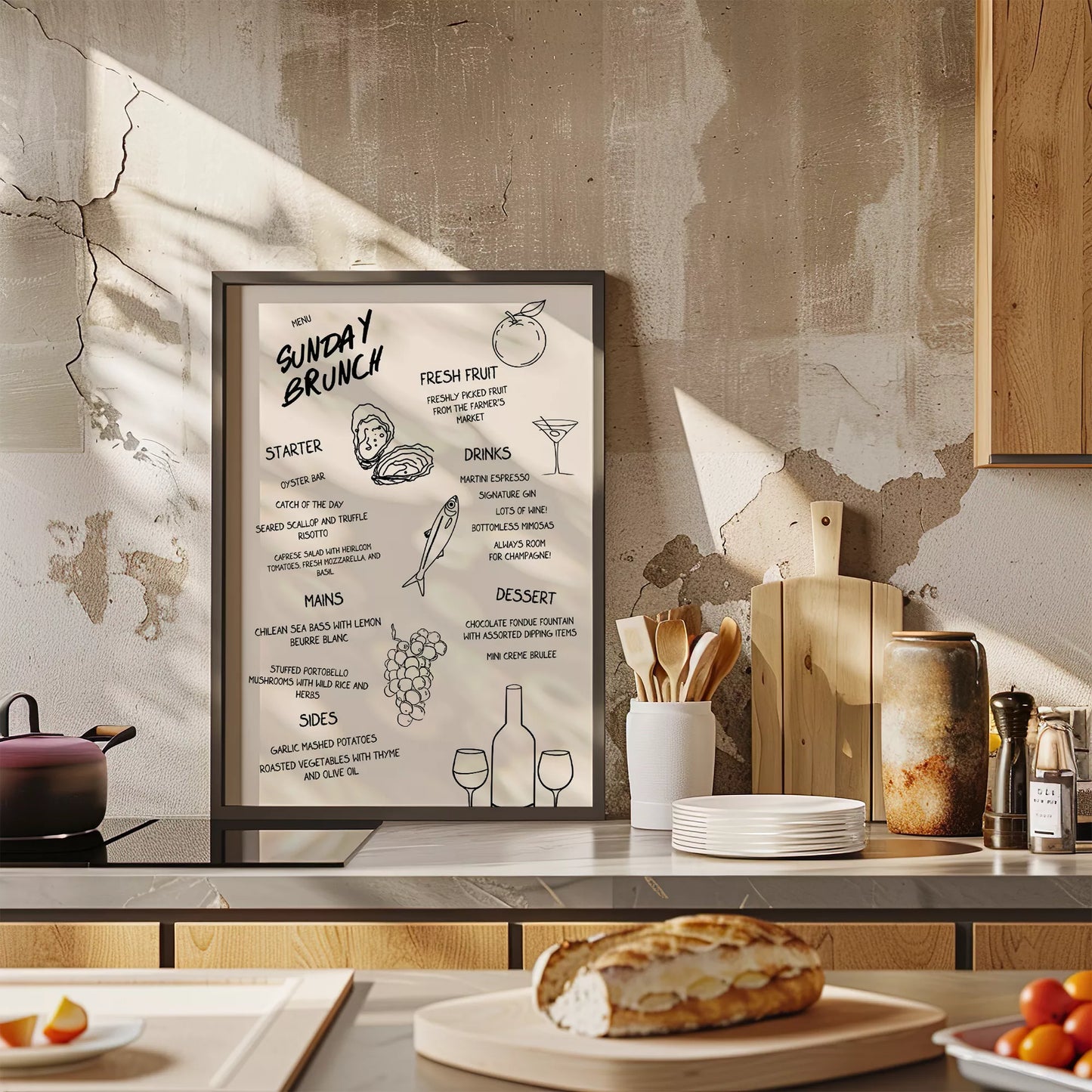 モダンなラインアートで描かれたサンデーブランチメニューイラスト