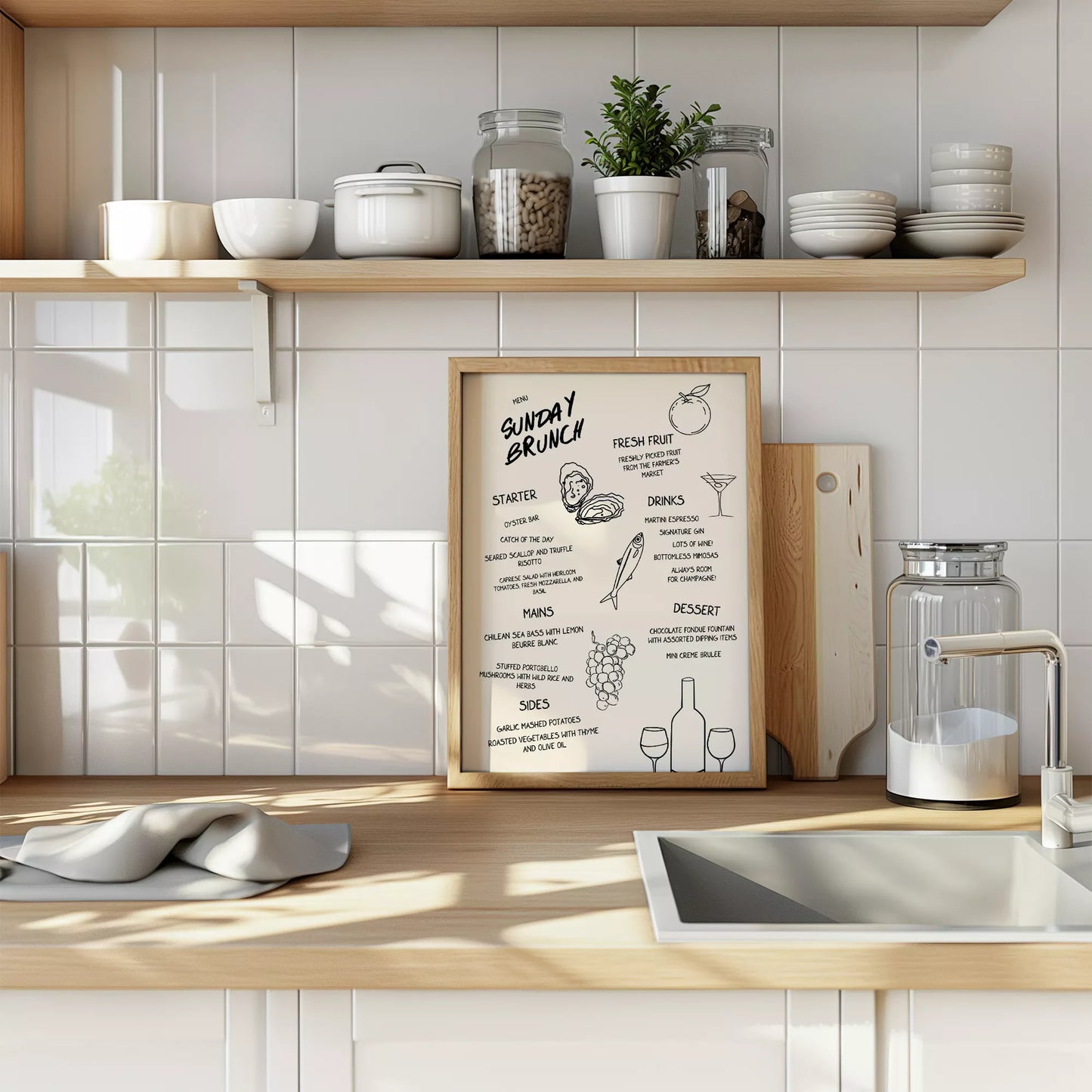 モダンなラインアートで描かれたサンデーブランチメニューイラスト