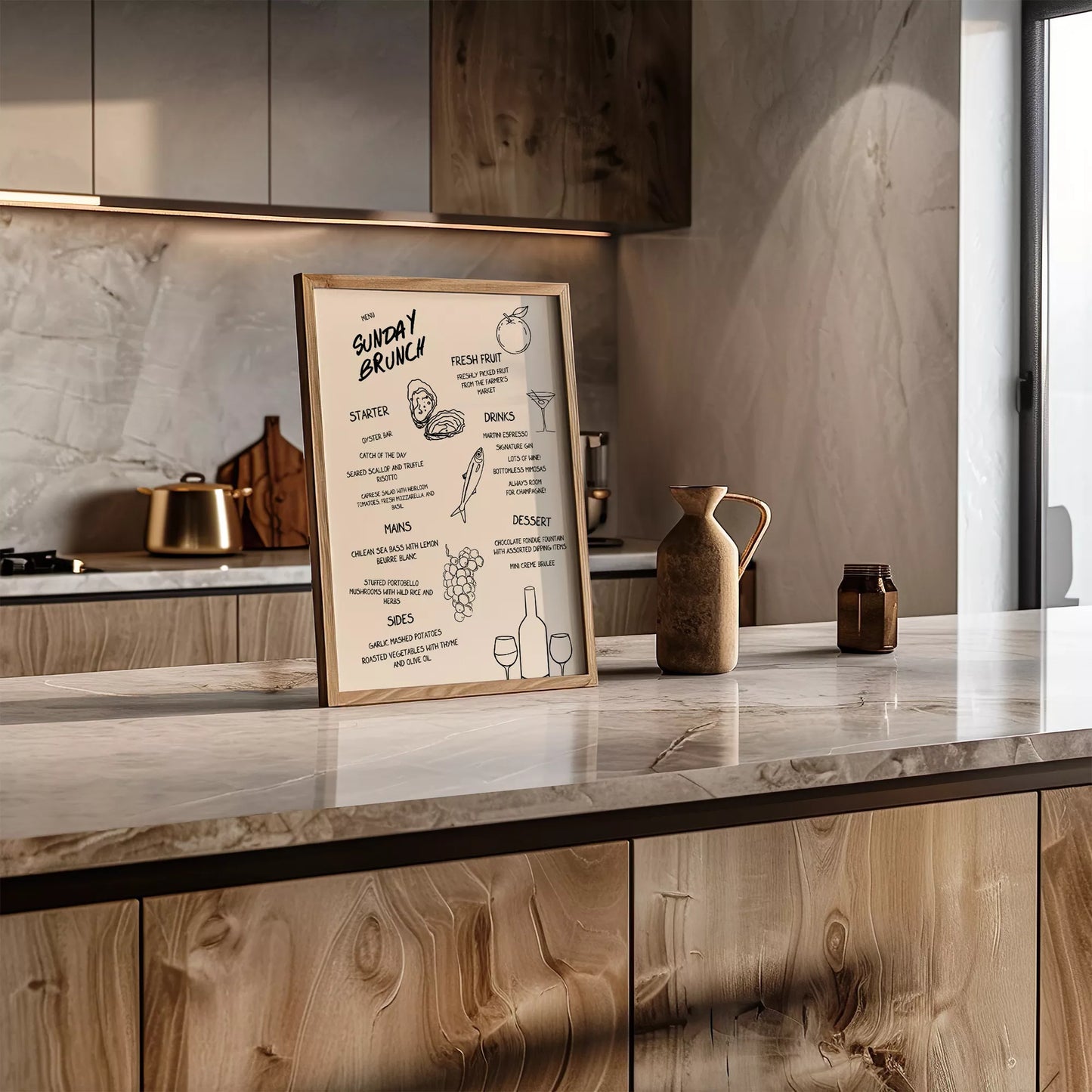 モダンなラインアートで描かれたサンデーブランチメニューイラスト